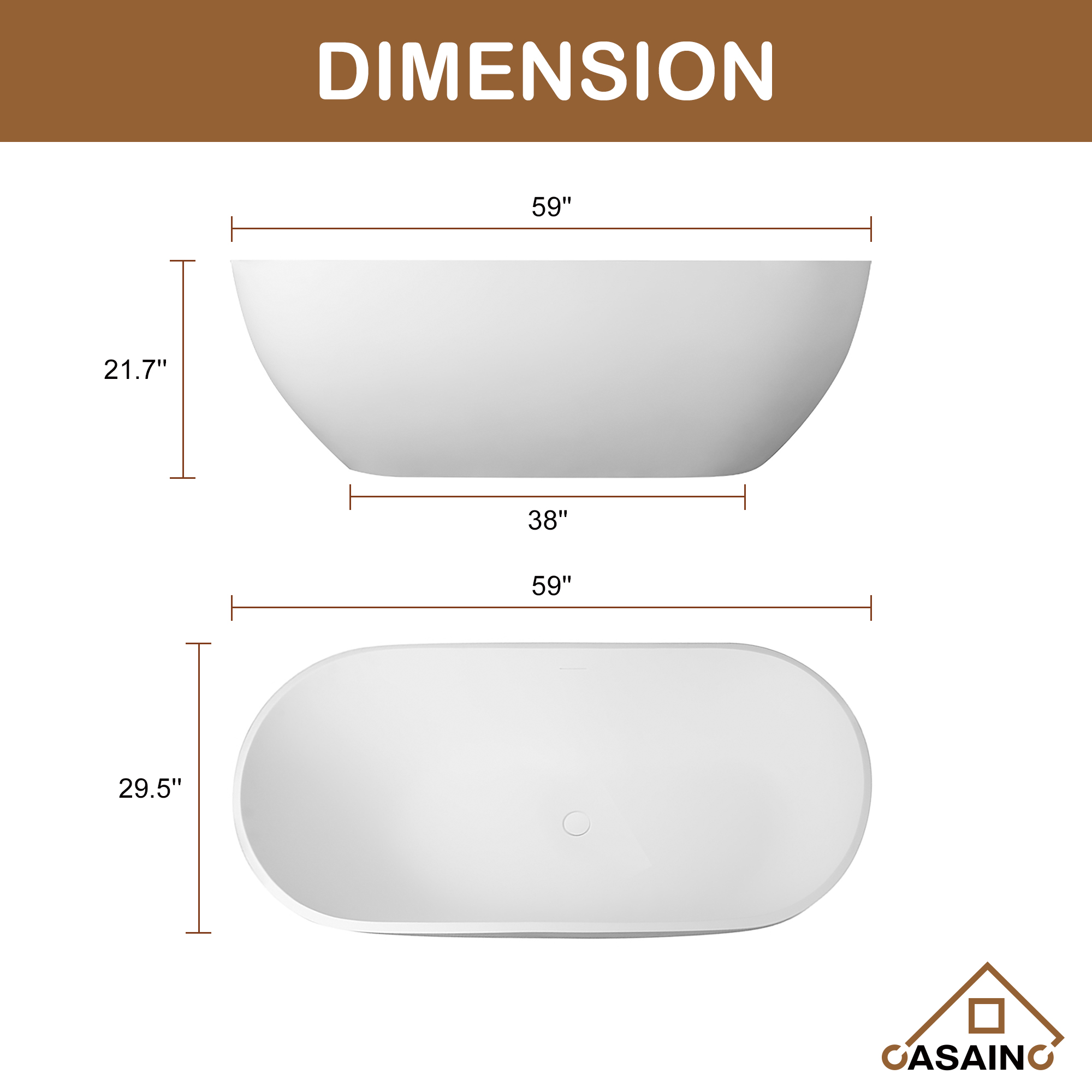 59 in. Solid Surface Free-Standing Bathtub with Centre Drain in