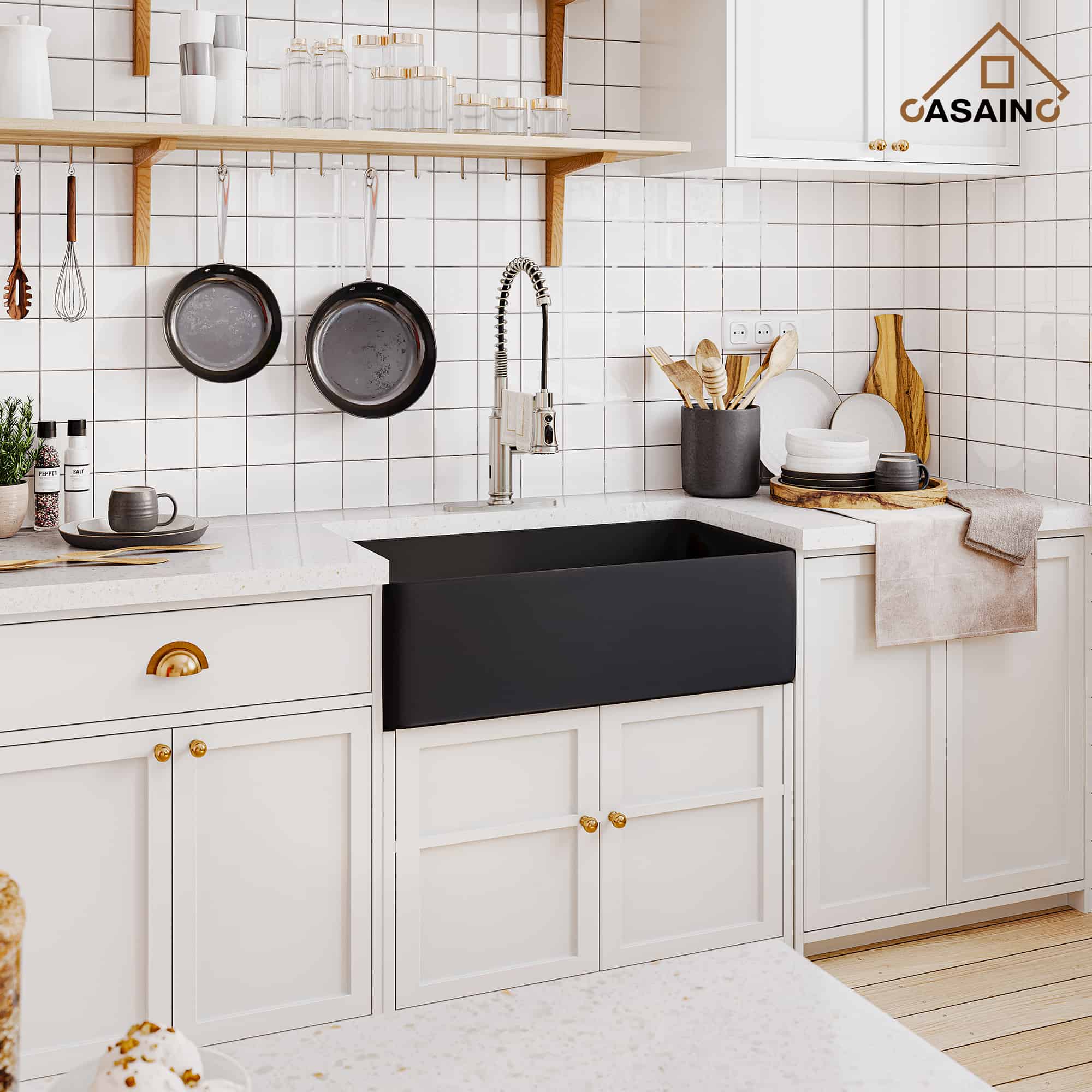 CASAINC Fireclay 33 Inch Single Bowl Farmhouse Apron Kitchen Sink with Grid and Strainers in Matte Black-Casainc Canada