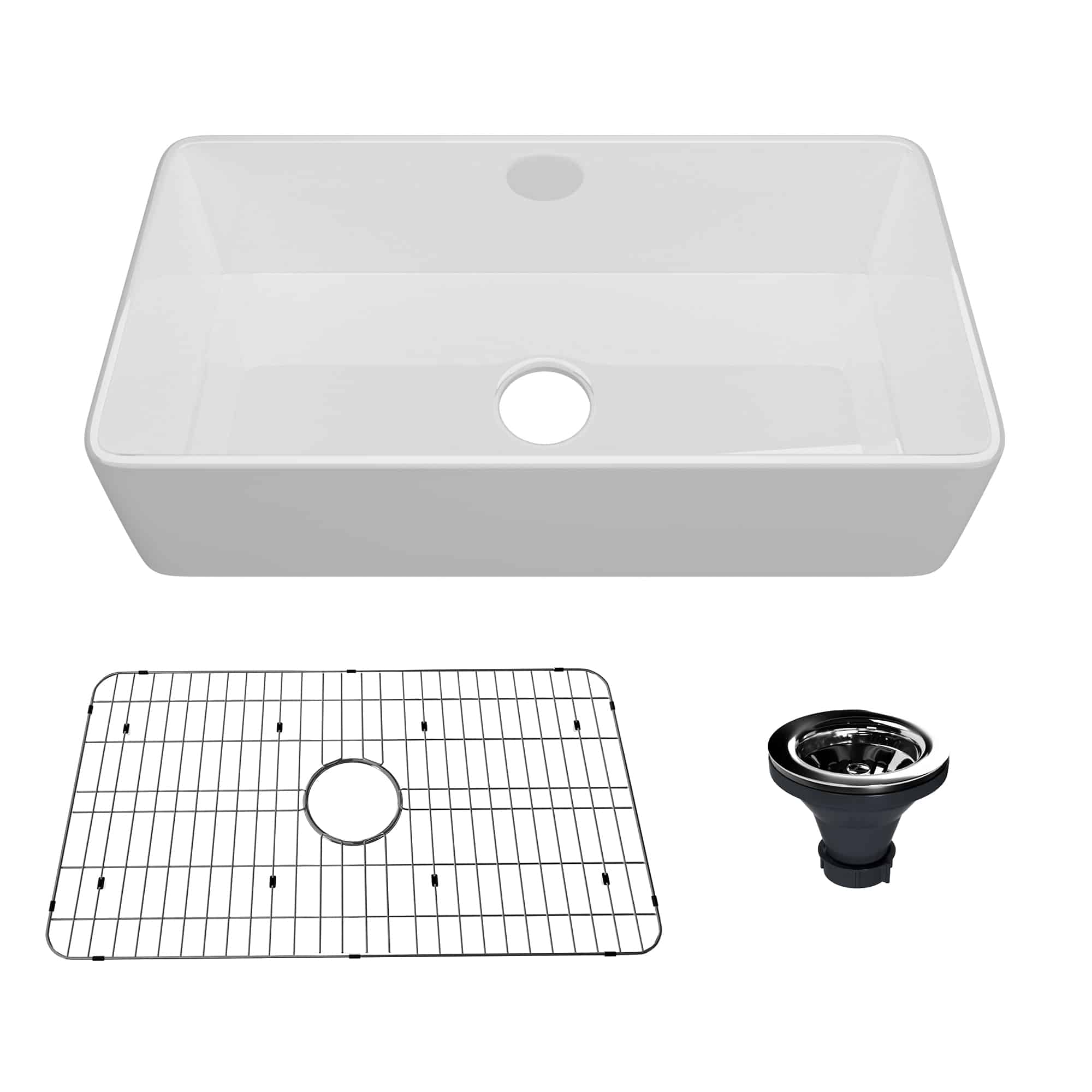 CASAINC White Glossy Fireclay 36 Inch Single Bowl Farmhouse Apron Kitchen Sink with Bottom Grid and Strainers 