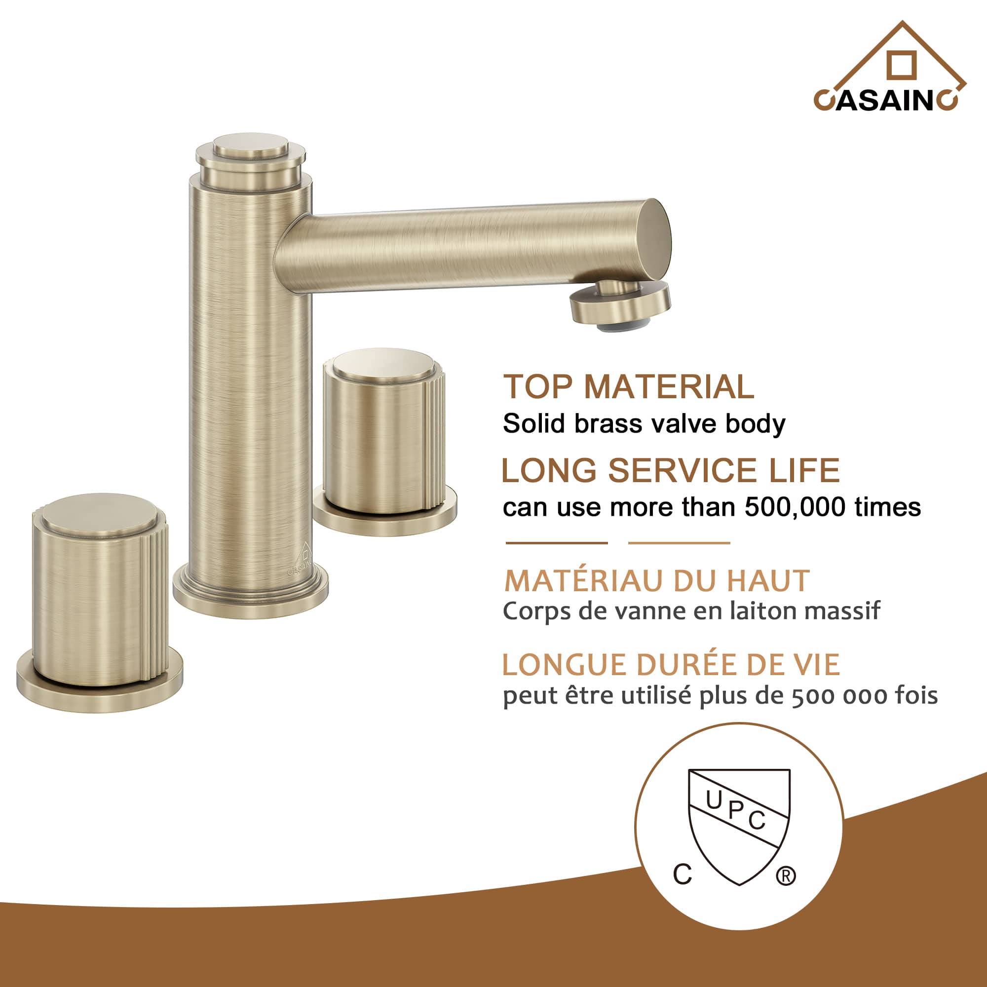 CASAINC 1.2GPM Brushed Champagne Gold double handle Basin Faucet with Bounce Drainer-Casainc Canada