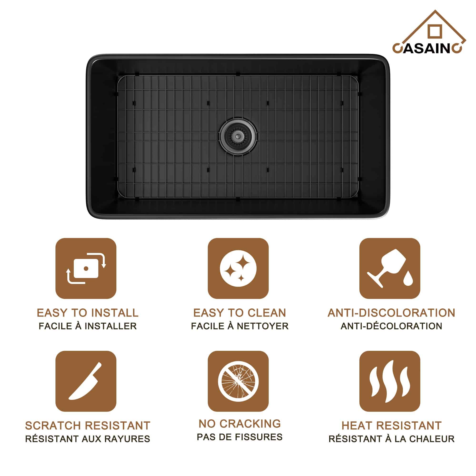 CASAINC Fireclay 33 Inch Single Bowl Farmhouse Apron Kitchen Sink with Grid and Strainers in Matte Black-Casainc Canada