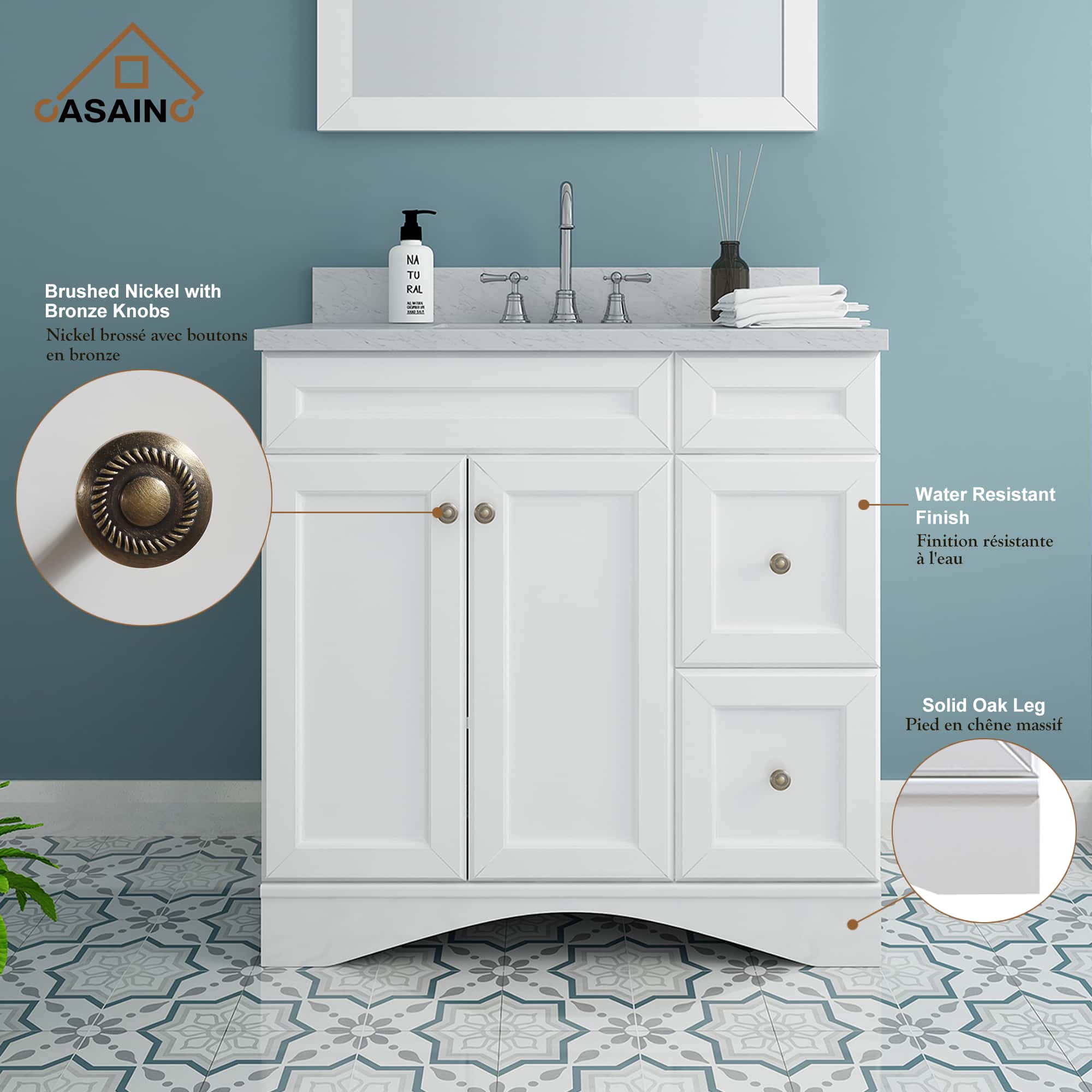 36 in. W x 22 in. D x 35.4 in. H Single Sink Bath Vanity in White with Top and LED Mirror-Casainc Canada