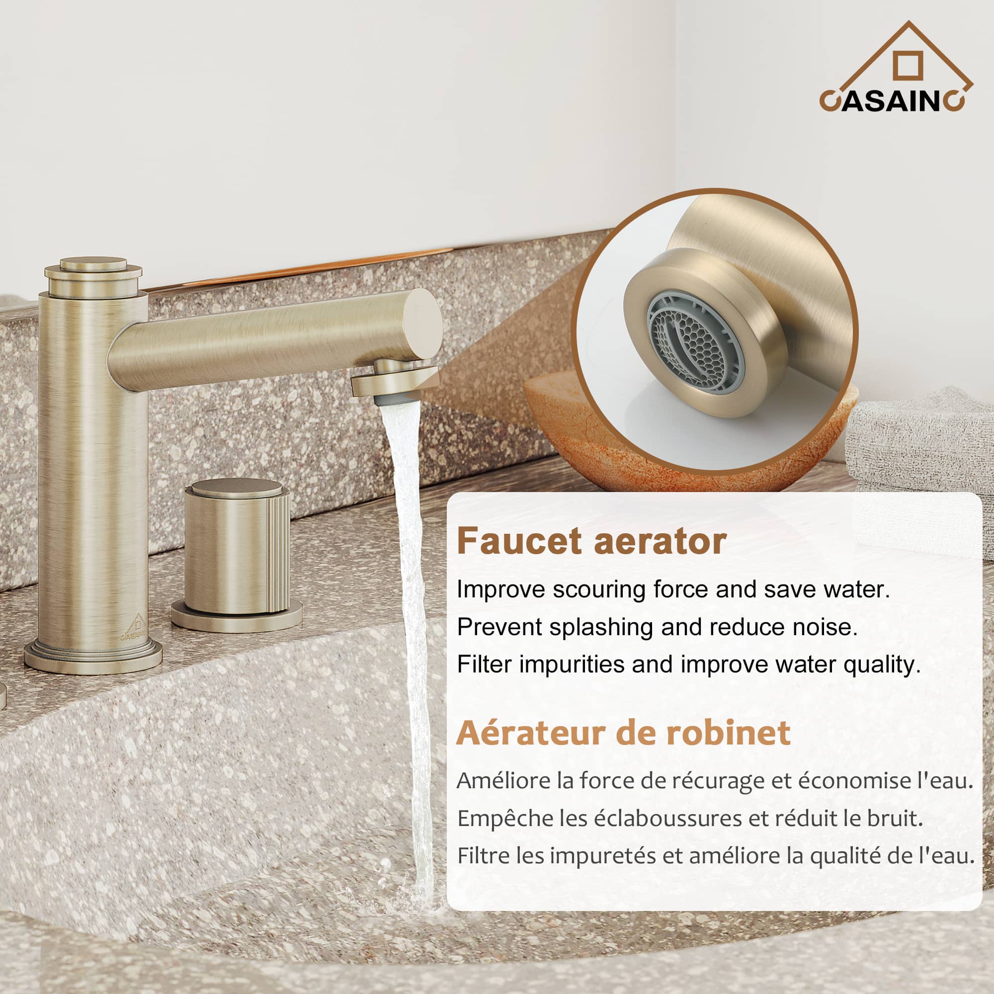 CASAINC 1.2GPM Brushed Champagne Gold double handle Basin Faucet with Bounce Drainer-Casainc Canada
