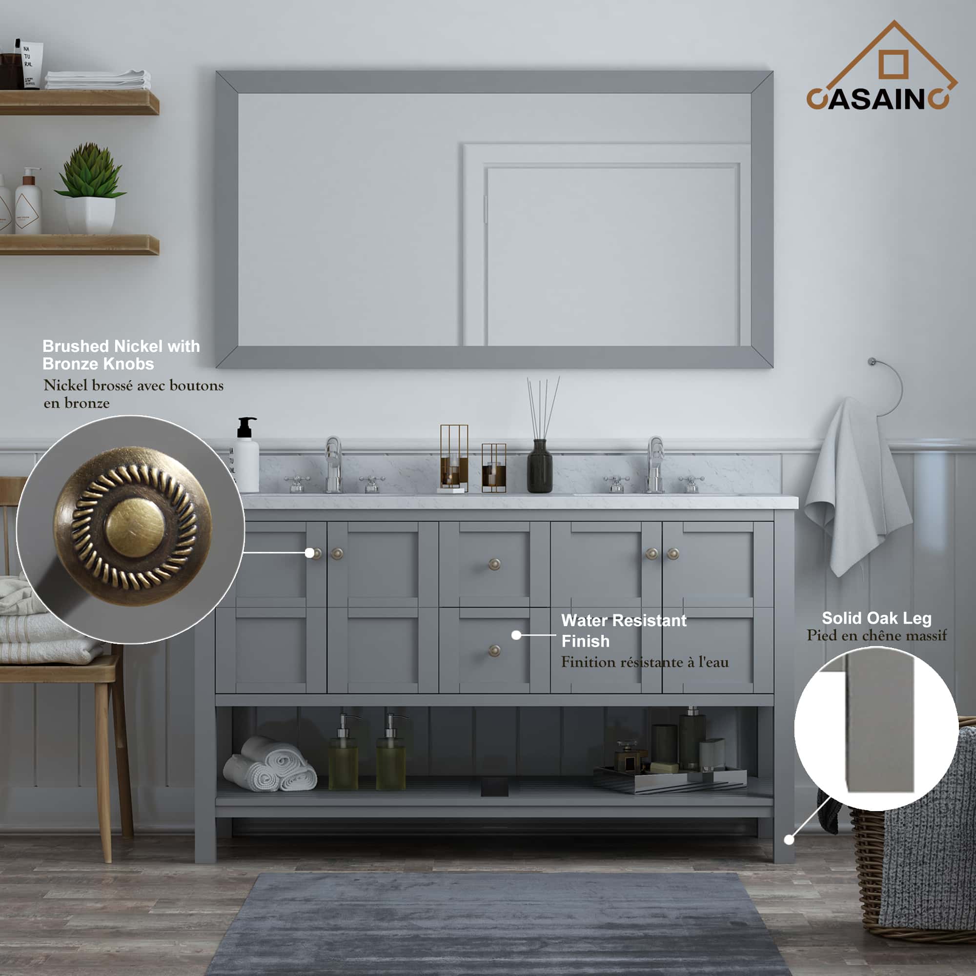 60 in. W x 22 in. D x 35.4 in. H Double Sink Bath Vanity in Gray with Top and LED Mirror