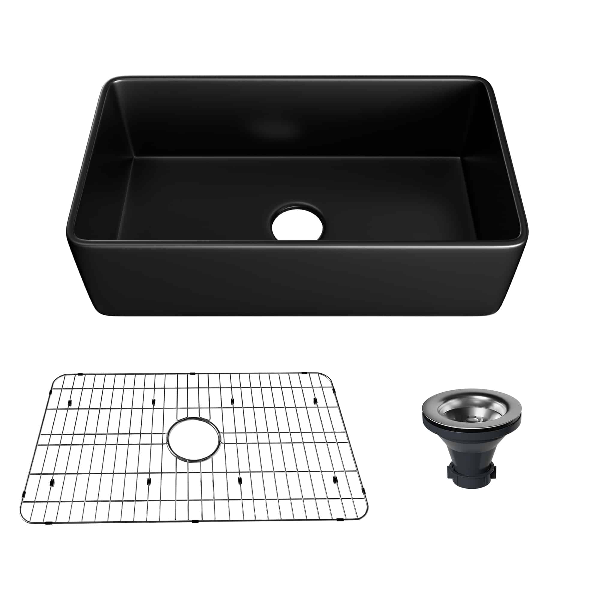 CASAINC Fireclay 33 Inch Single Bowl Farmhouse Apron Kitchen Sink with Grid and Strainers in Matte Black