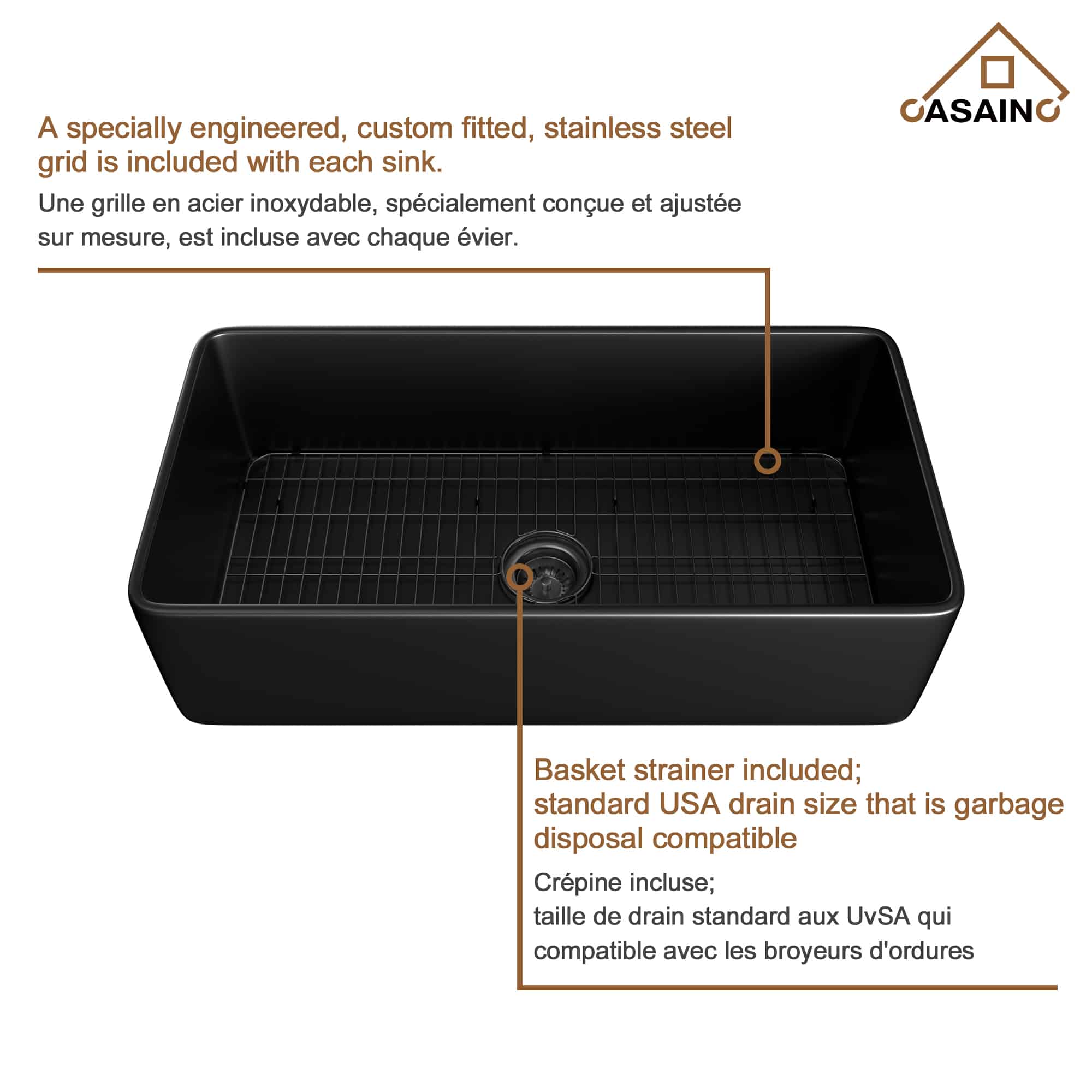 CASAINC Fireclay 36 Inch Single Bowl Farmhouse Apron Kitchen Sink with Grid and Strainers in Matte Black-Casainc Canada