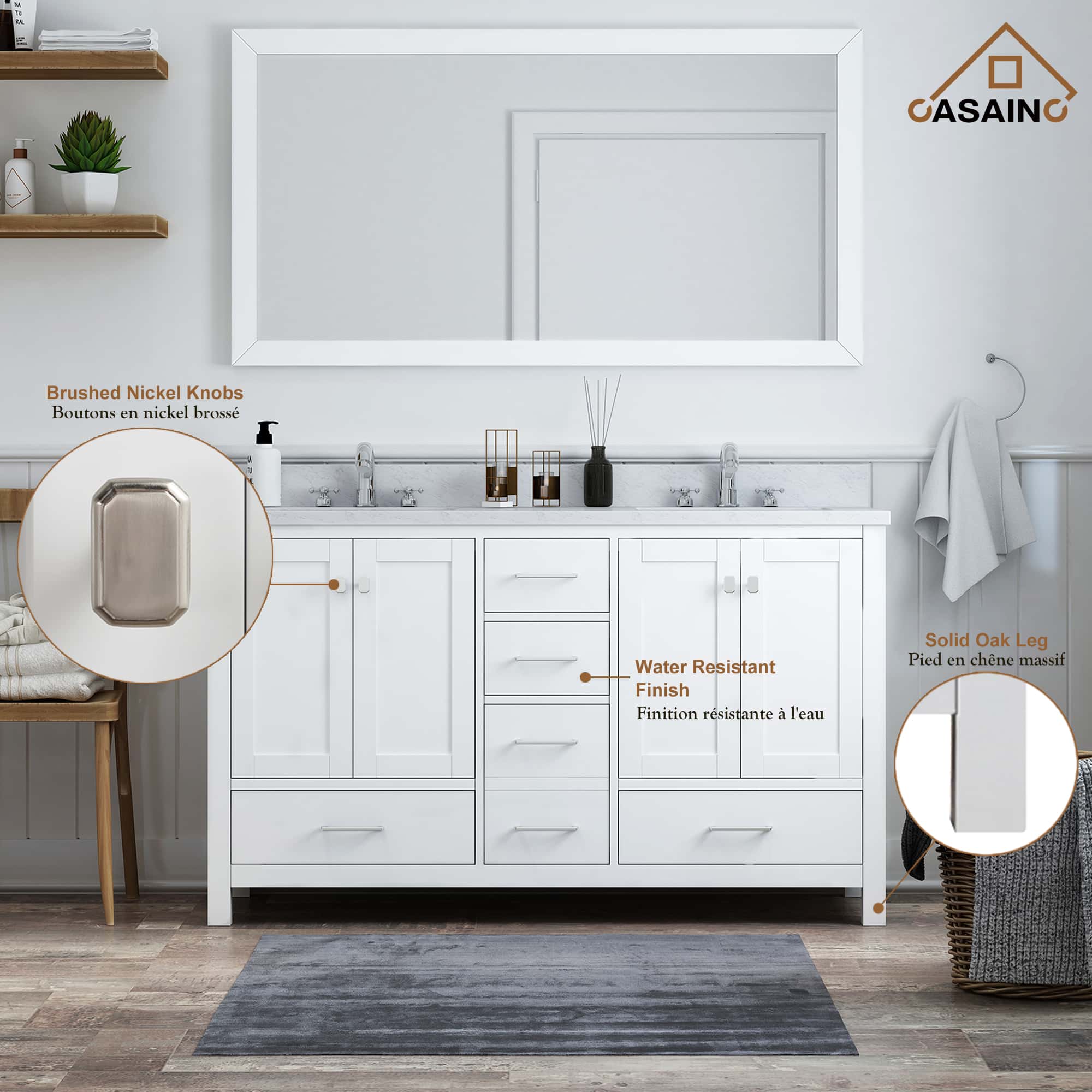 60 in. W x 22 in. D x 35.4 in. H Double Sink Bath Vanity in White with Top and LED Mirror-Casainc Canada
