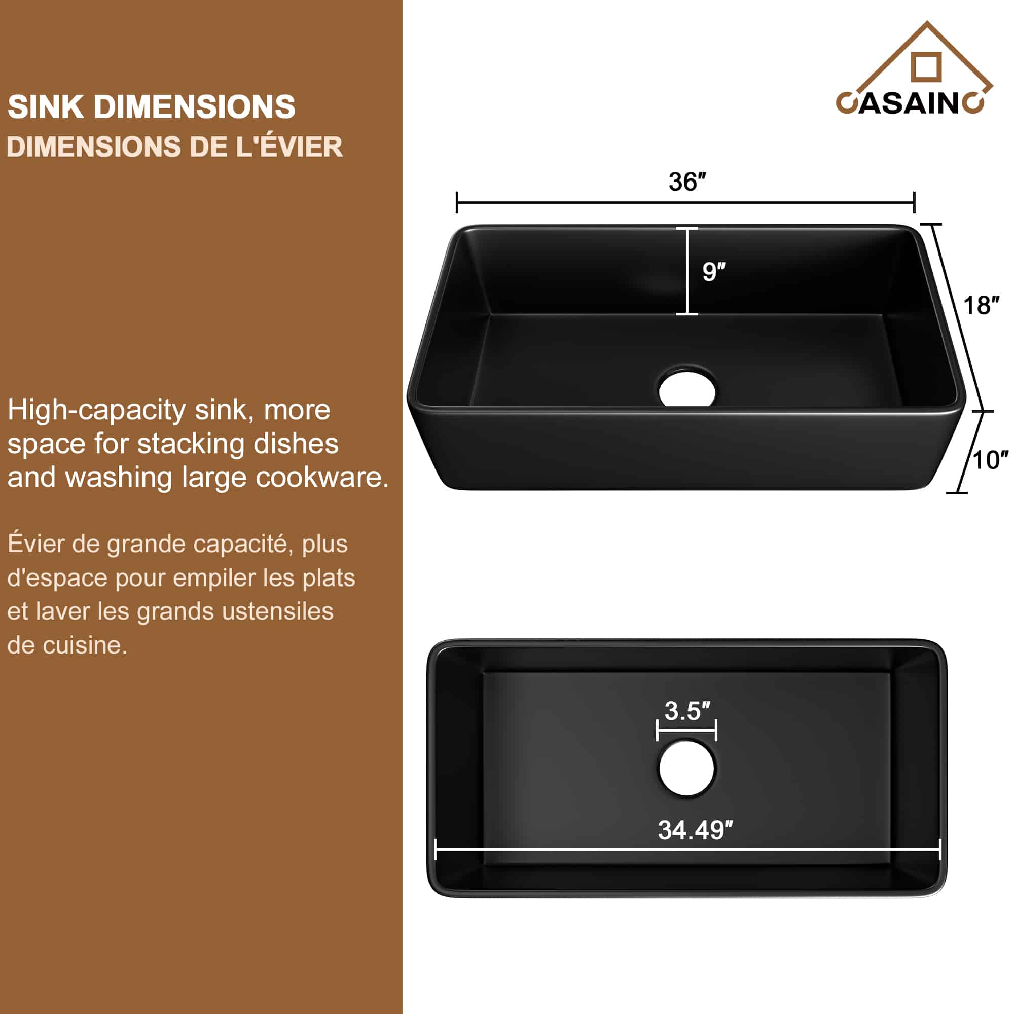 CASAINC Fireclay 36 Inch Single Bowl Farmhouse Apron Kitchen Sink with Grid and Strainers in Matte Black-Casainc Canada
