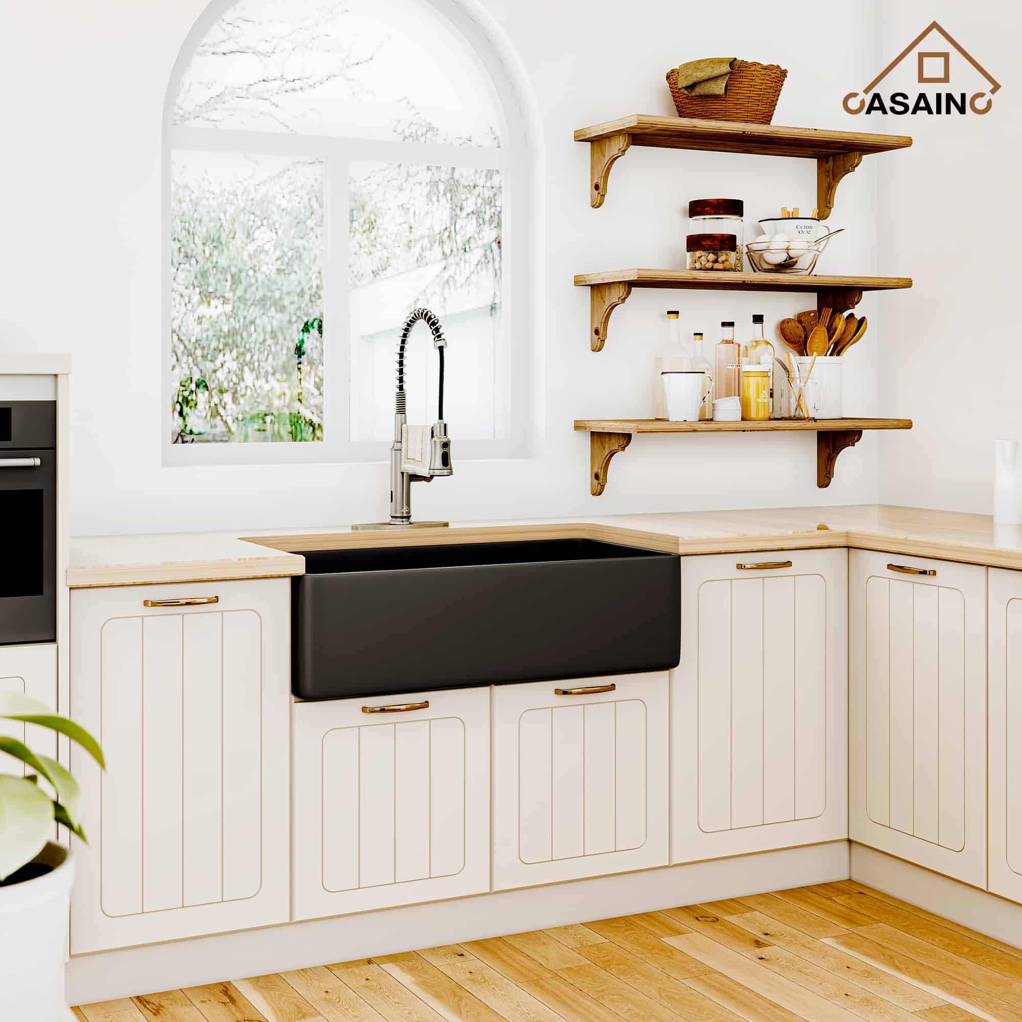 CASAINC Fireclay 36 Inch Single Bowl Farmhouse Apron Kitchen Sink with Grid and Strainers in Matte Black-Casainc Canada