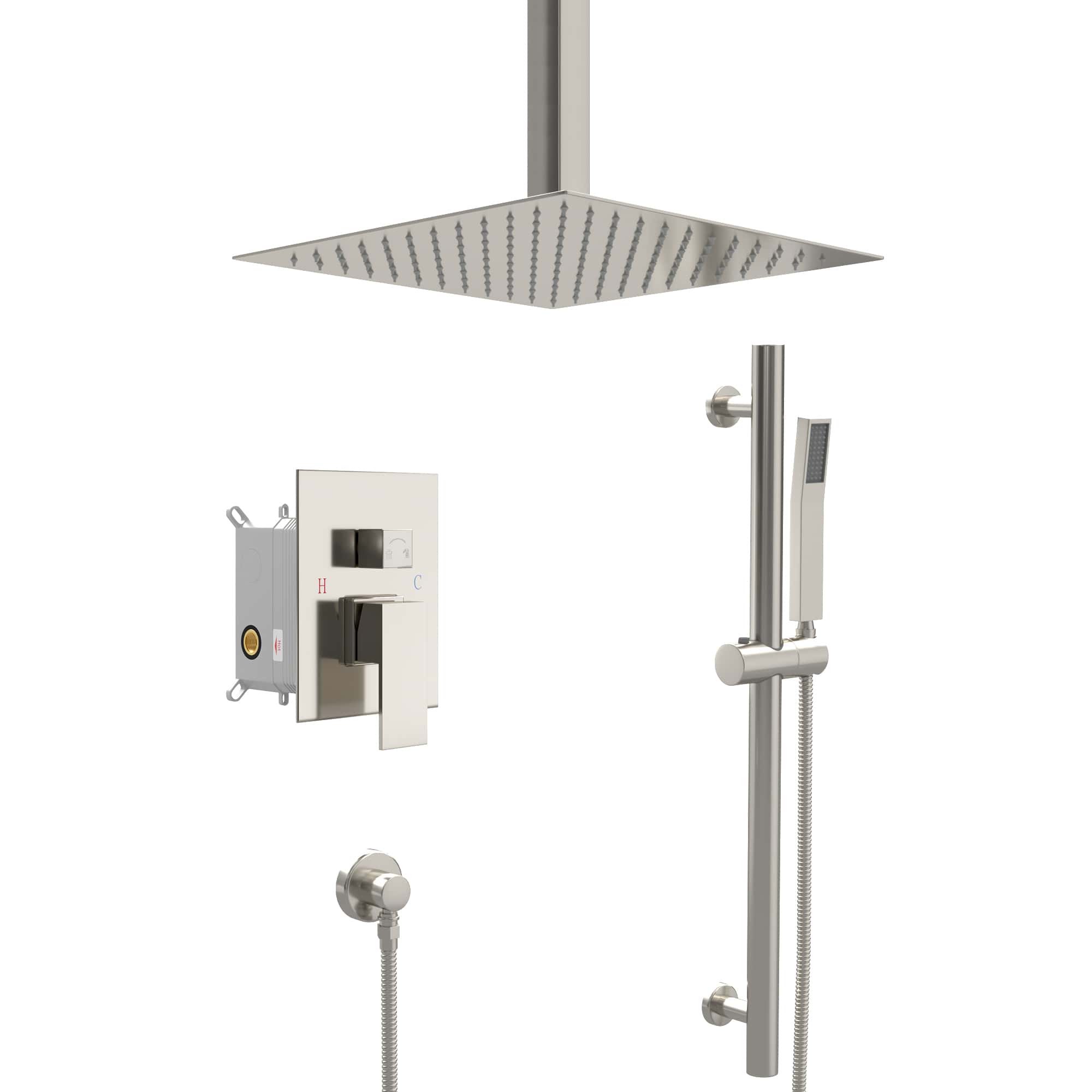 2-Spray Patterns with 1.8 GPM 16 in. Ceiling Mount Dual Shower Heads in Brushed Nickel (Lifting Bar Included)-Casainc Canada