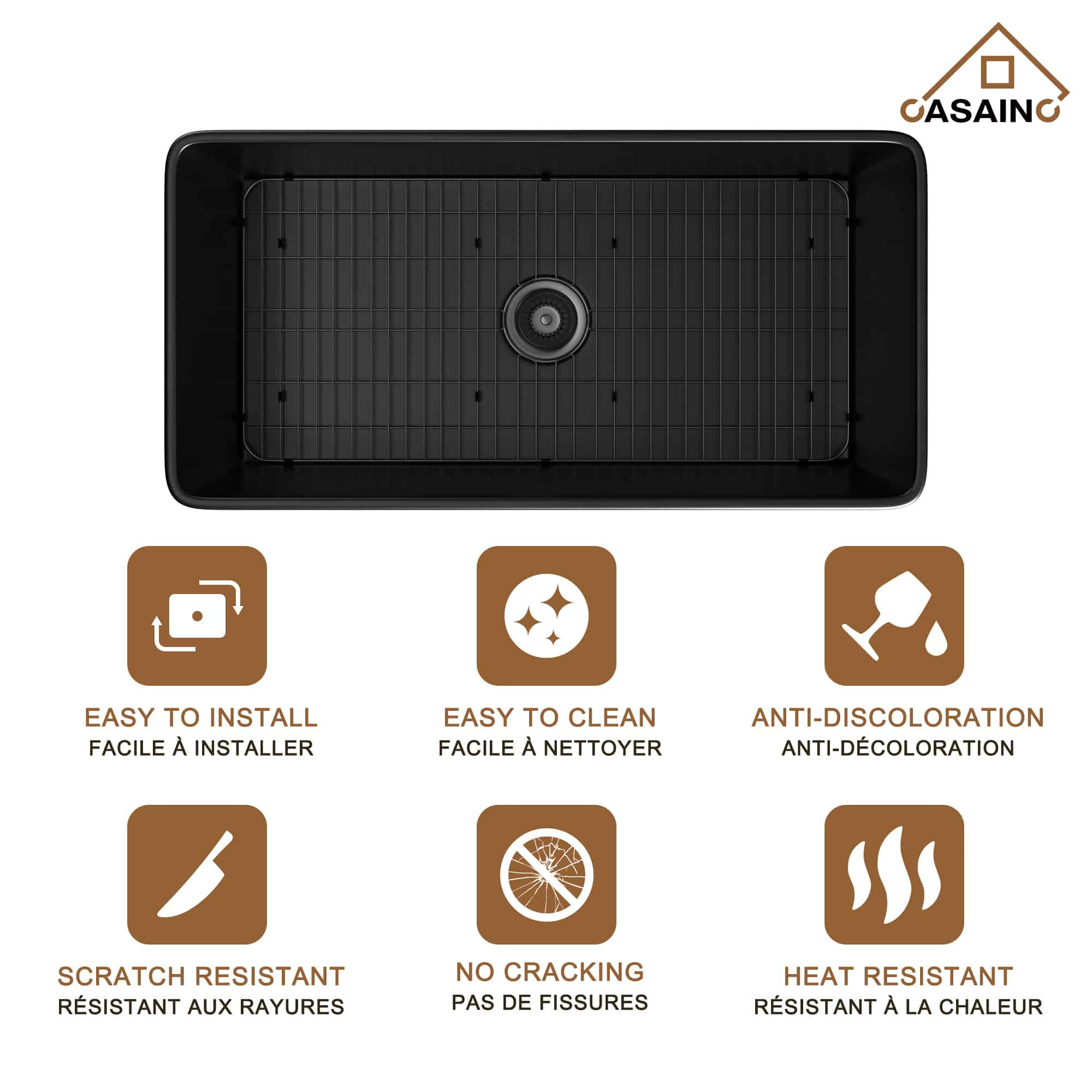 CASAINC Fireclay 36 Inch Single Bowl Farmhouse Apron Kitchen Sink with Grid and Strainers in Matte Black-Casainc Canada