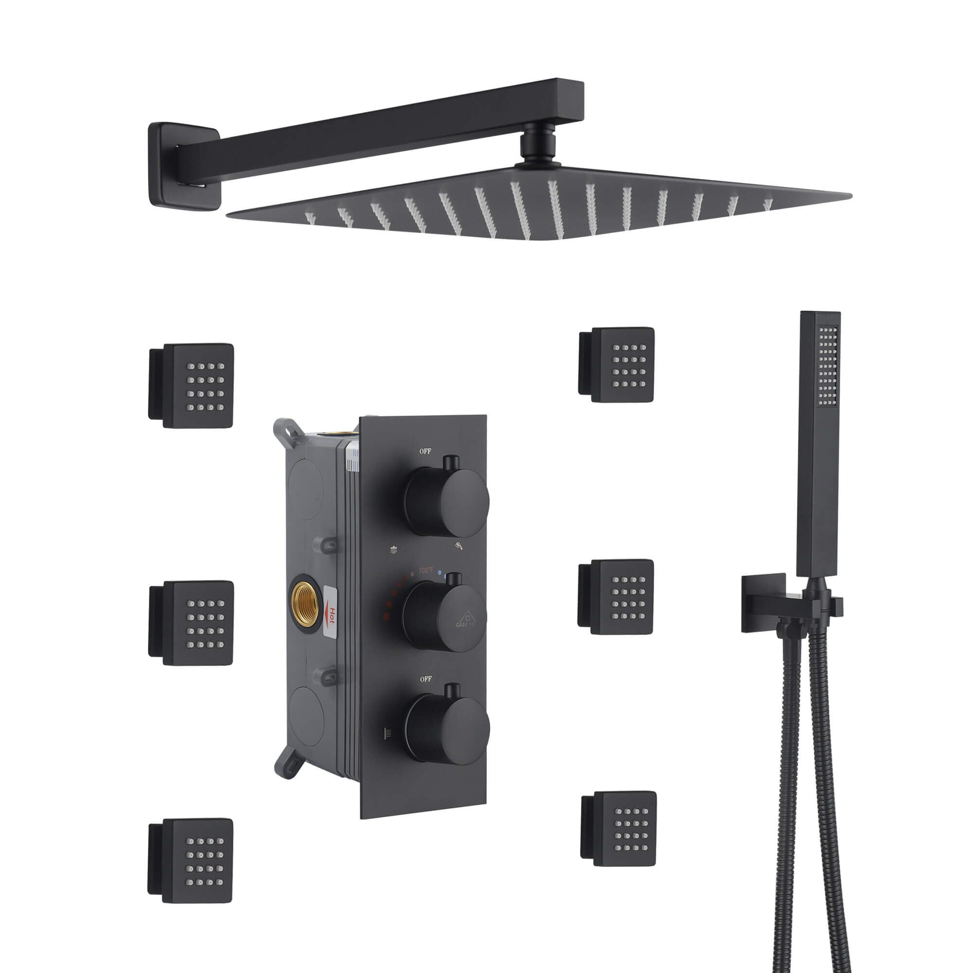 CASAINC 3-Way Thermostatic Shower System with Rough-In Valve and 6 Body Jets-Casainc Canada