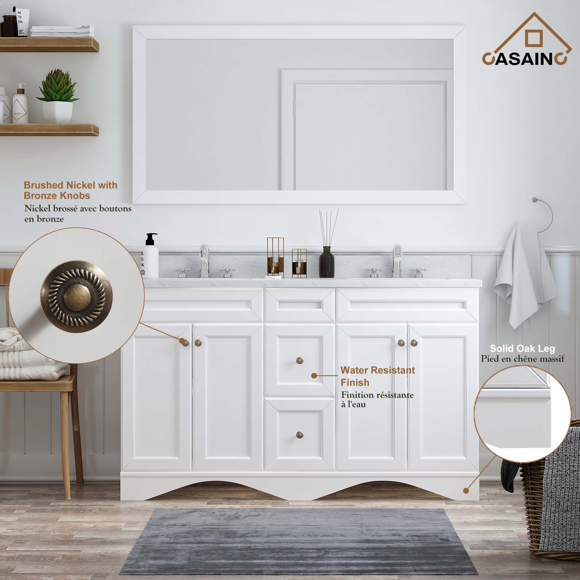 60 in. W x 22 in. D x 35.4 in. H Double Sink Bath Vanity in White with Top and LED Mirror-Casainc Canada