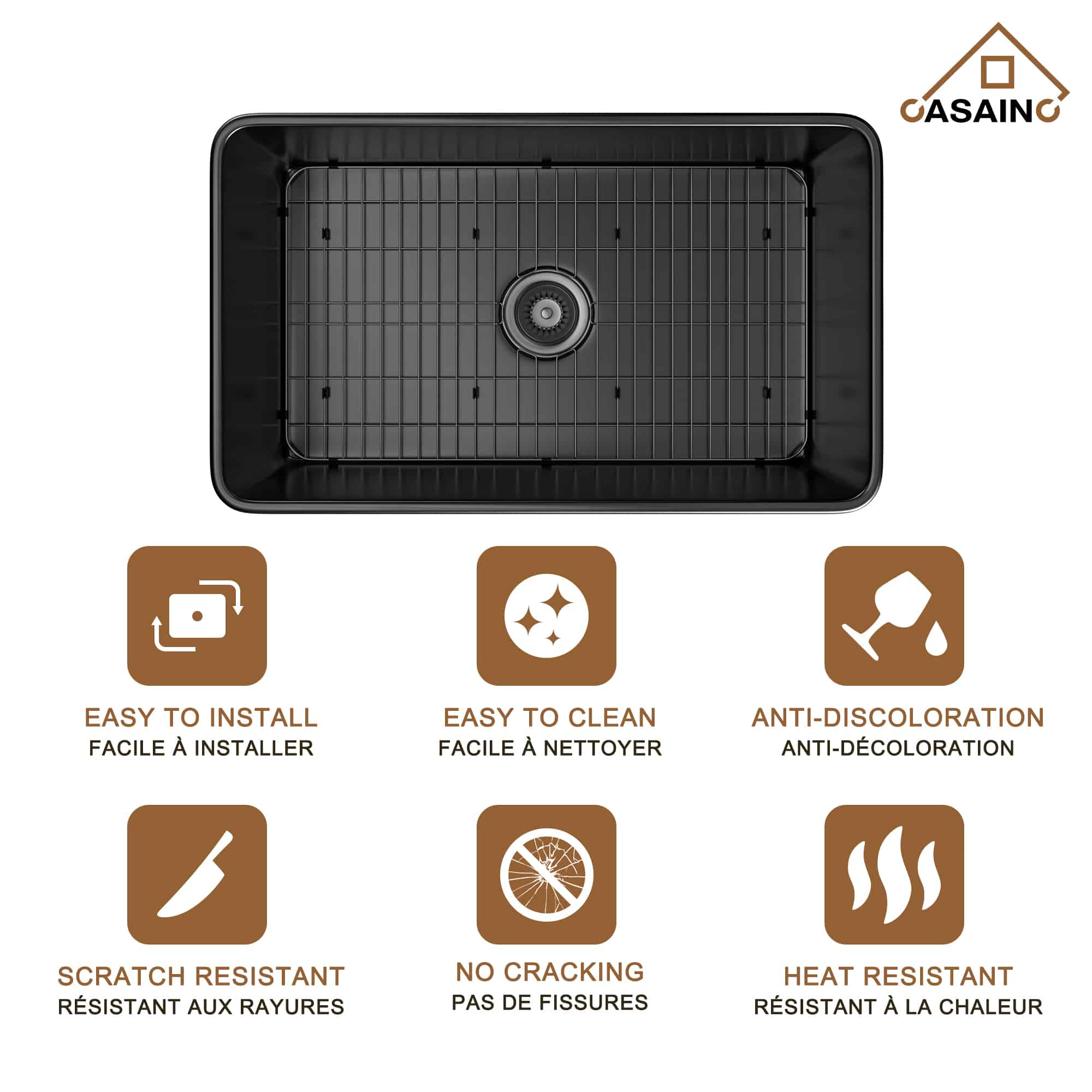 CASAINC Fireclay 30 Inch Single Bowl Farmhouse Apron Kitchen Sink with Grid and Strainers in Matte Black-Casainc Canada