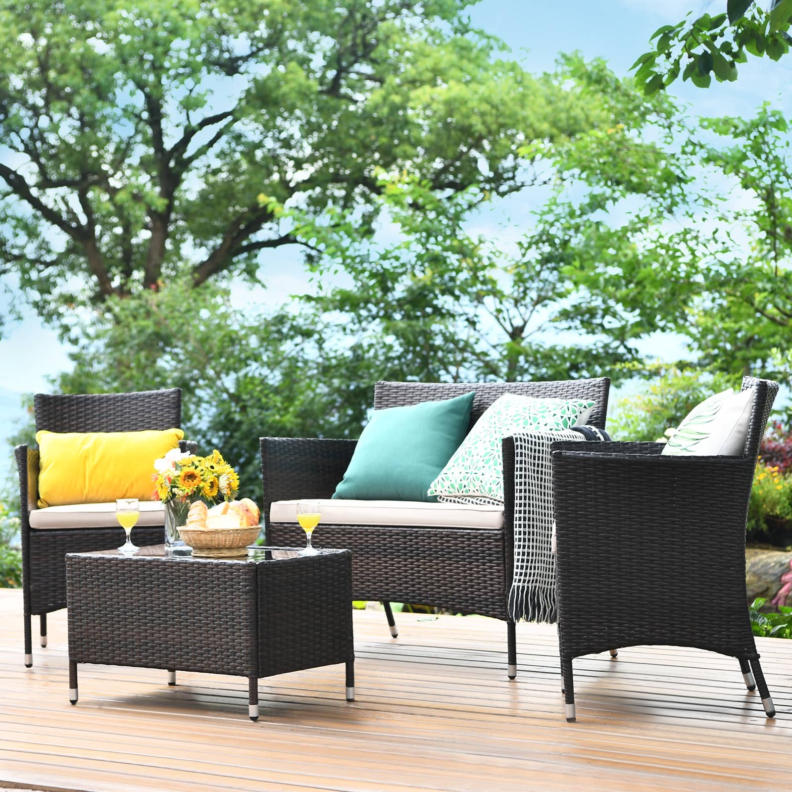 CASAINC 4 Pieces Rattan Sofa Set with Glass Table and Comfortable Wicker for Outdoor Patio-Casainc Canada