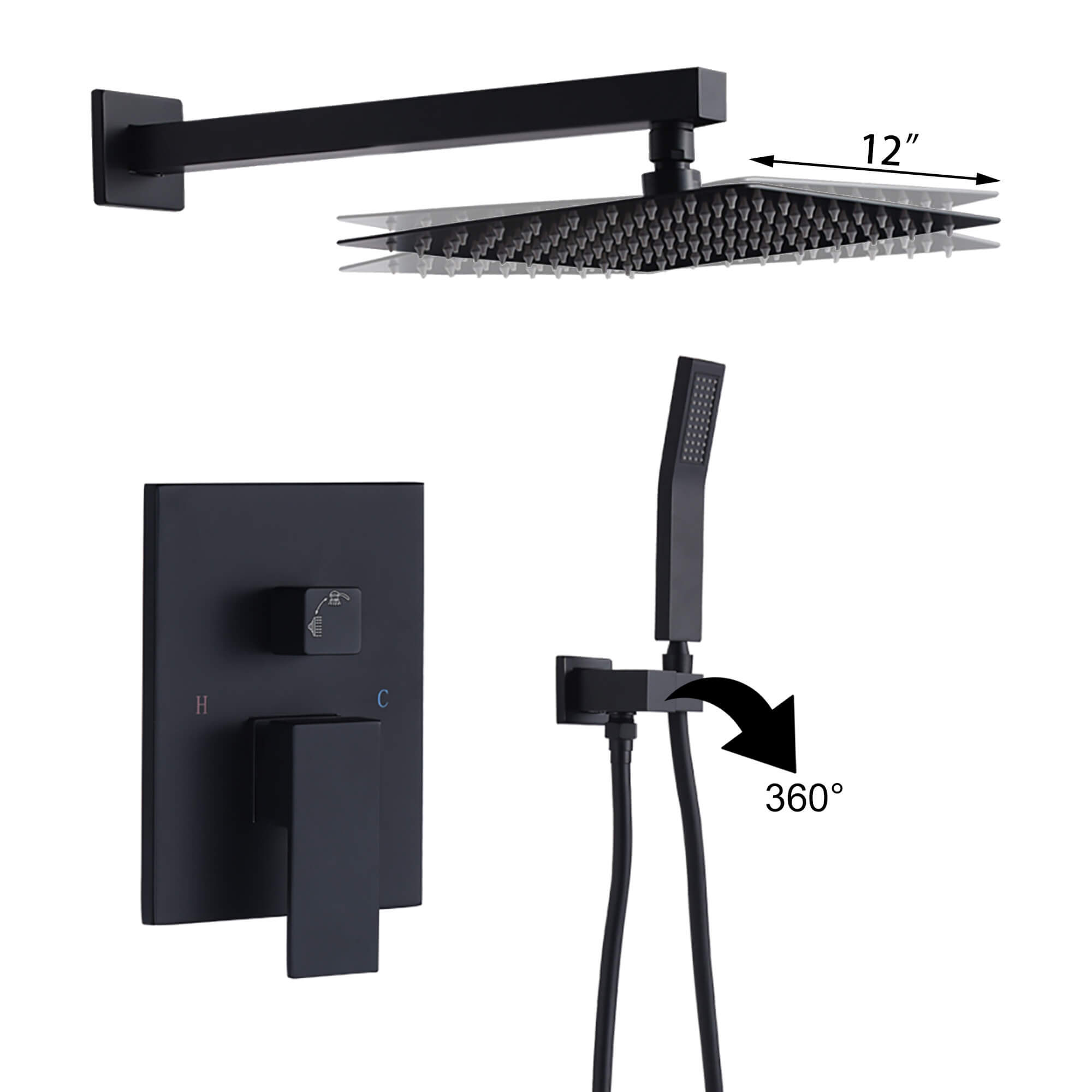 CASAINC Matte Black 2-Way Wall Mounted Rain Dual Shower Head with Shower Faucet-Casainc Canada