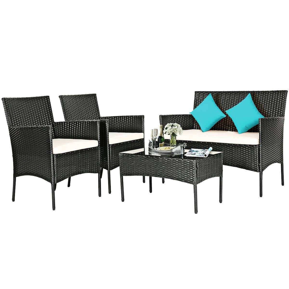 CASAINC 4 Pieces Patio Rattan Cushioned Sofa Set with Tempered Glass Coffee Table-Casainc Canada