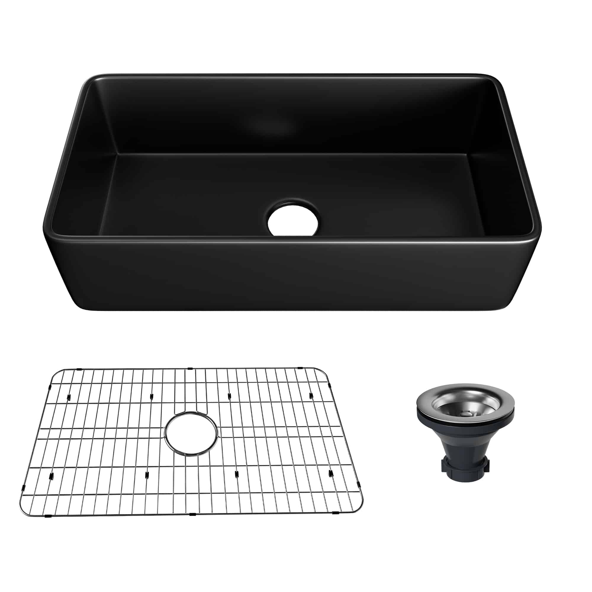 CASAINC Fireclay 36 Inch Single Bowl Farmhouse Apron Kitchen Sink with Grid and Strainers in Matte Black-Casainc Canada