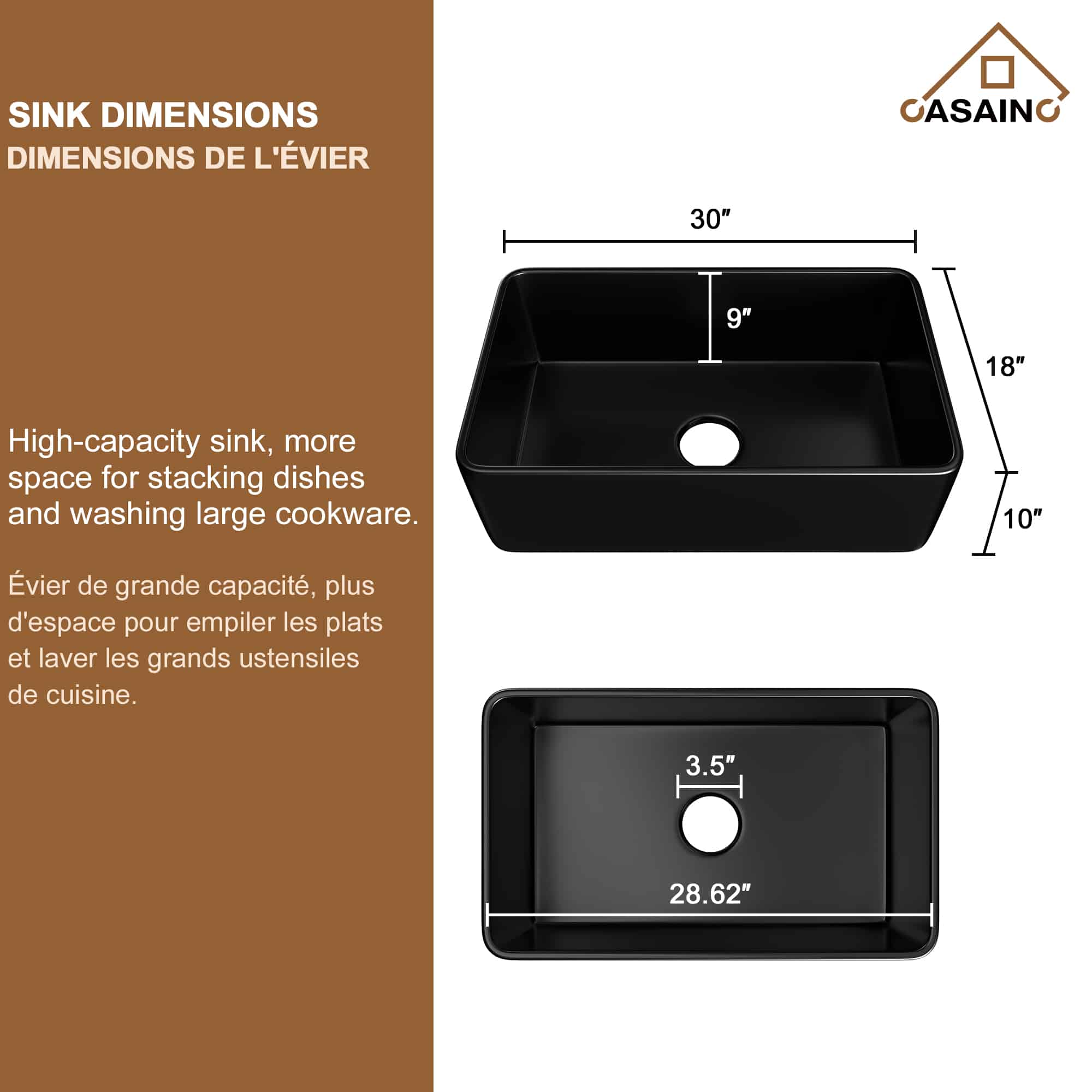 CASAINC Fireclay 30 Inch Single Bowl Farmhouse Apron Kitchen Sink with Grid and Strainers in Matte Black-Casainc Canada