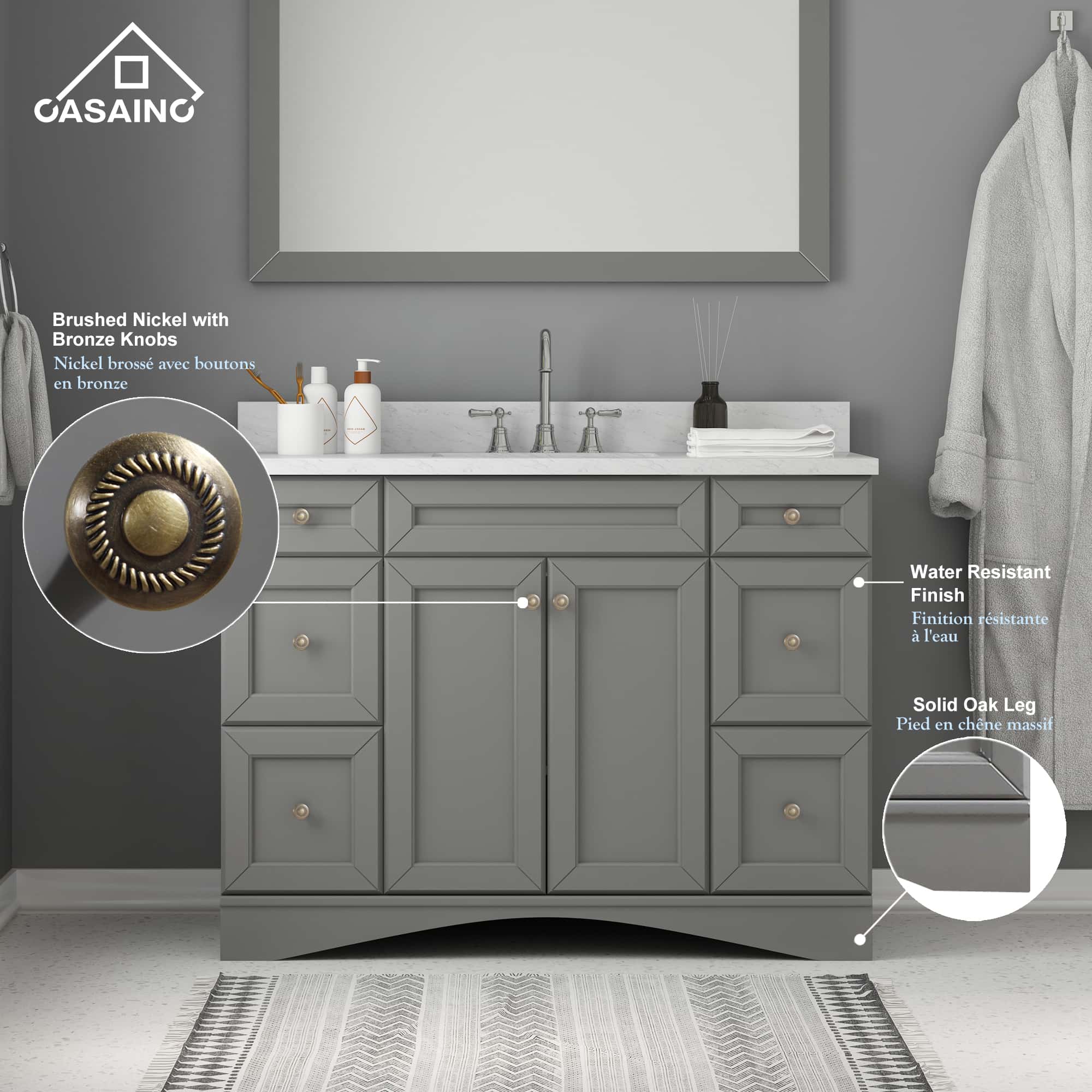 48 in. W x 22 in. D x 35.4 in. H Single Sink Bath Vanity in Gray with Top and LED Mirror-Casainc Canada