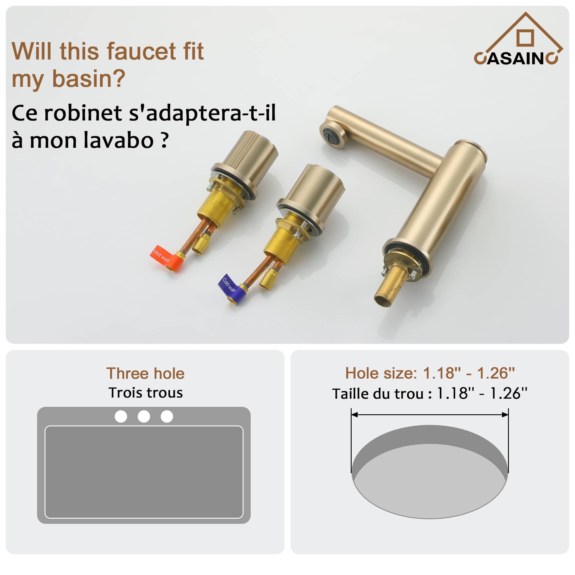 CASAINC 1.2GPM Brushed Champagne Gold double handle Basin Faucet with Bounce Drainer-Casainc Canada