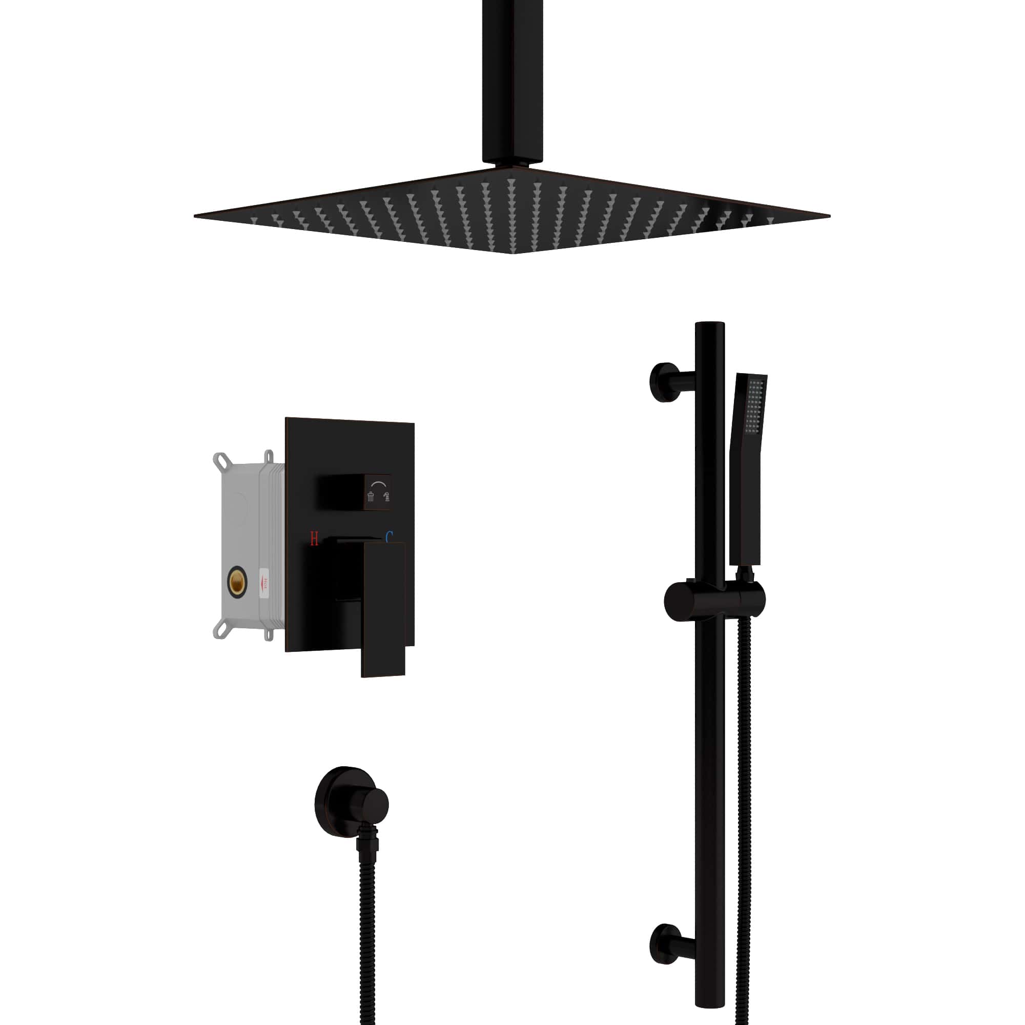2-Spray Patterns with 1.8 GPM 16 in. Ceiling Mount Dual Shower Heads in Oil Rubbed Bronze (Lifting Bar Include)