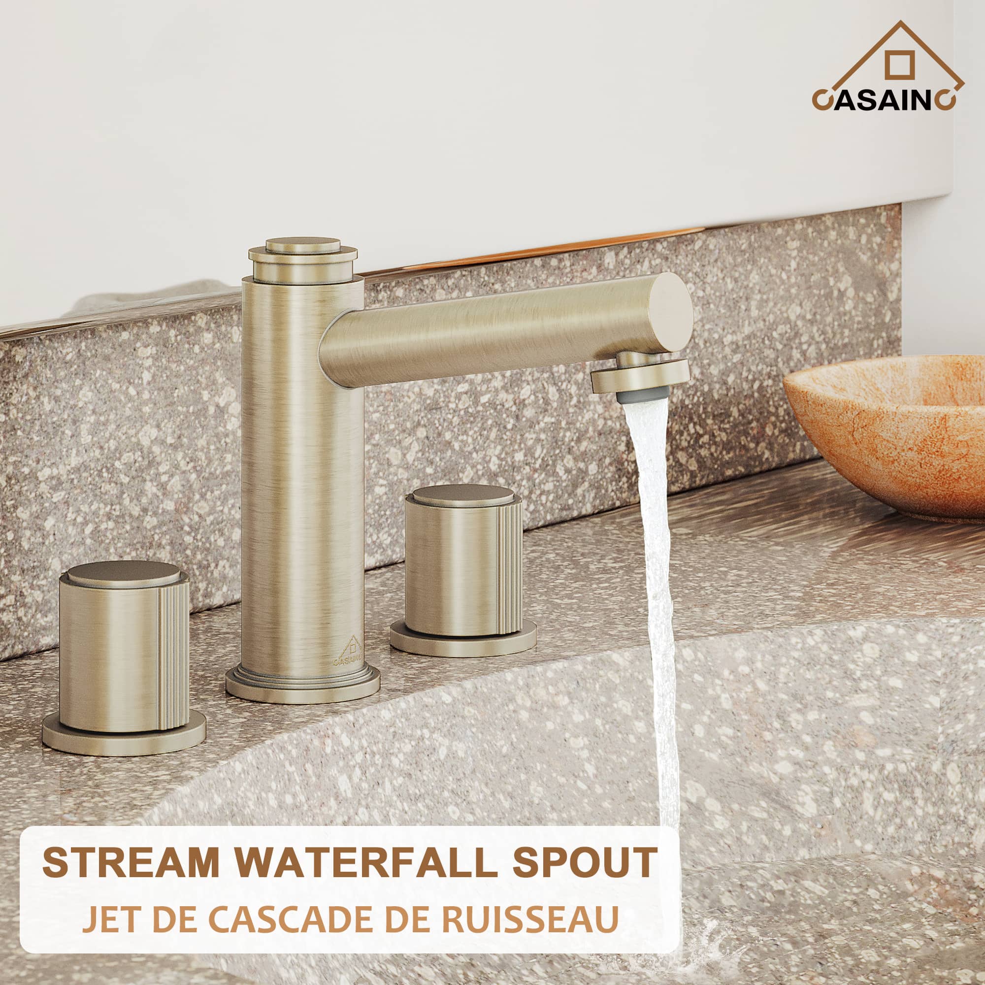 CASAINC 1.2GPM Brushed Champagne Gold double handle Basin Faucet with Bounce Drainer-Casainc Canada