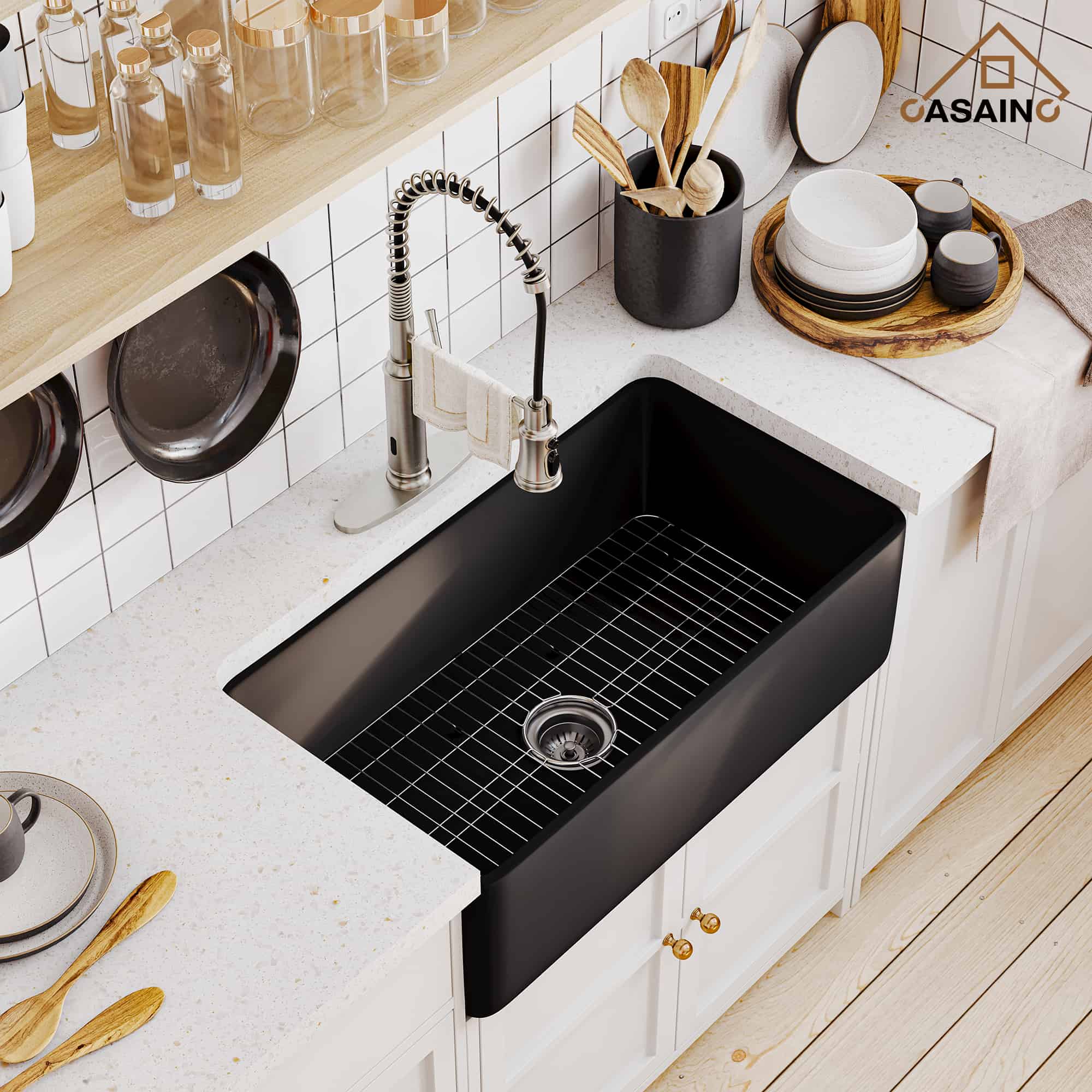 CASAINC Fireclay 33 Inch Single Bowl Farmhouse Apron Kitchen Sink with Grid and Strainers in Matte Black-Casainc Canada