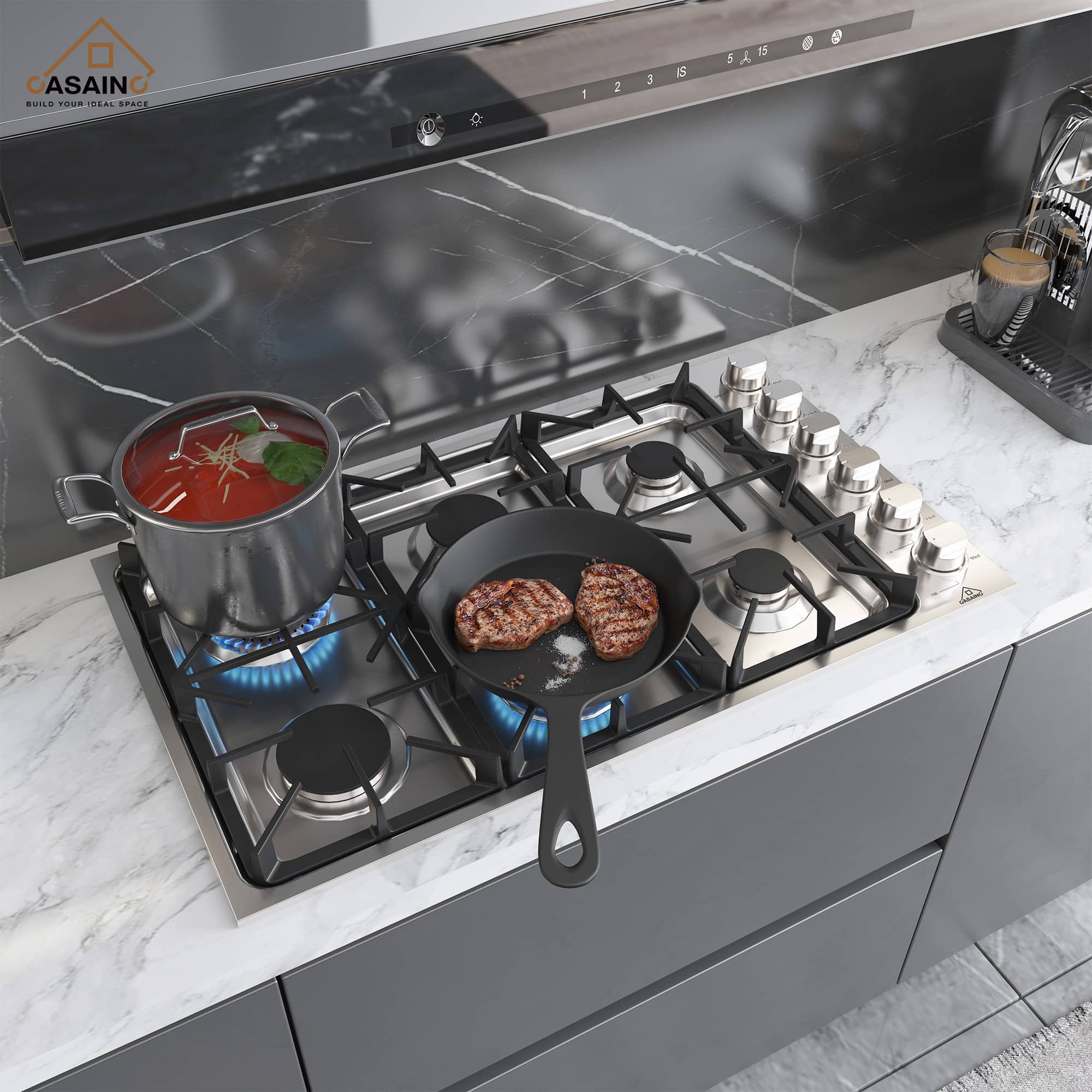 CASAINC 36 Inch 6 Burners Stainless Steel Gas Cooktop