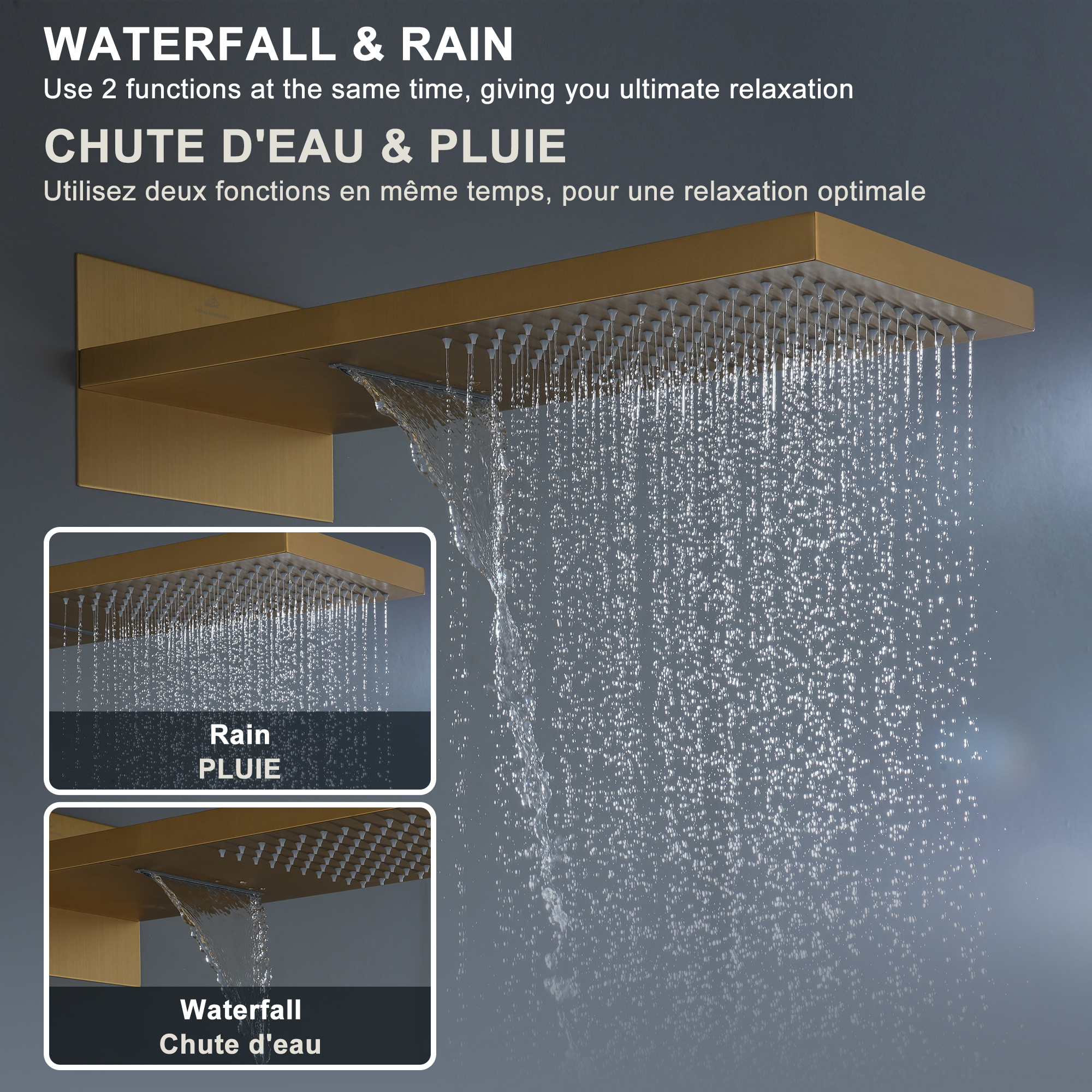 Wall Mounted 20 Inch Rectangular Dual-function Rainfall Shower Head 4 Function Thermostatic Shower System,With  6 Body Jets