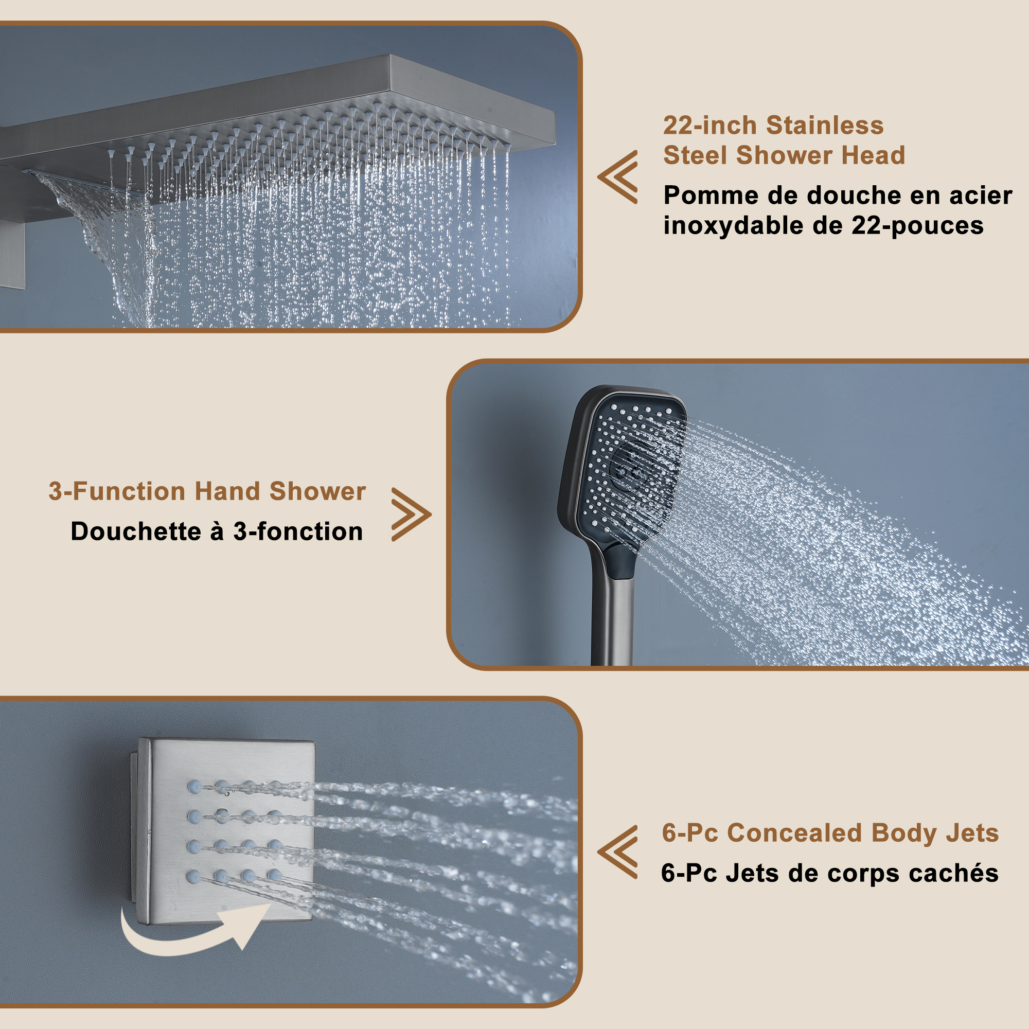 Wall Mounted 20 Inch Rectangular Dual-function Rainfall Shower Head 4 Function Thermostatic Shower System,With  6 Body Jets