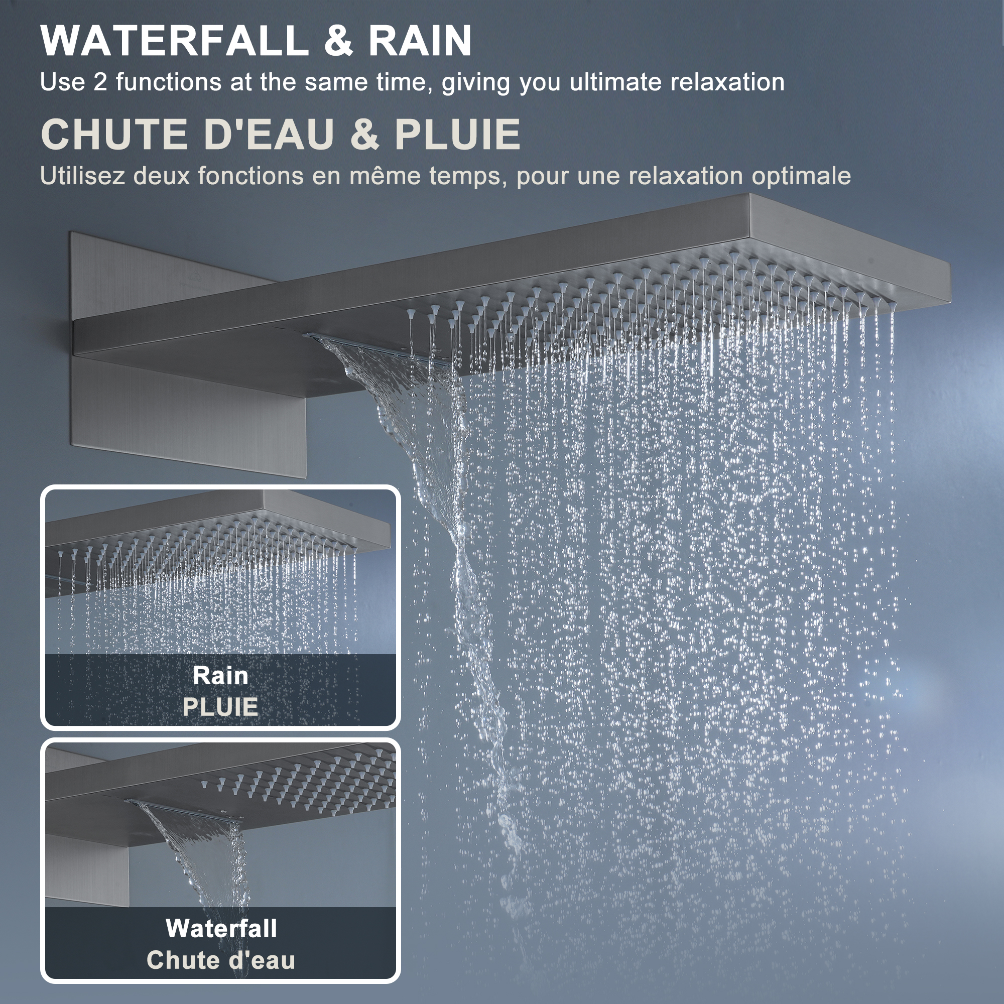 Wall Mounted 20 Inch Rectangular Dual-function Rainfall Shower Head 4 Function Thermostatic Shower System,With  6 Body Jets