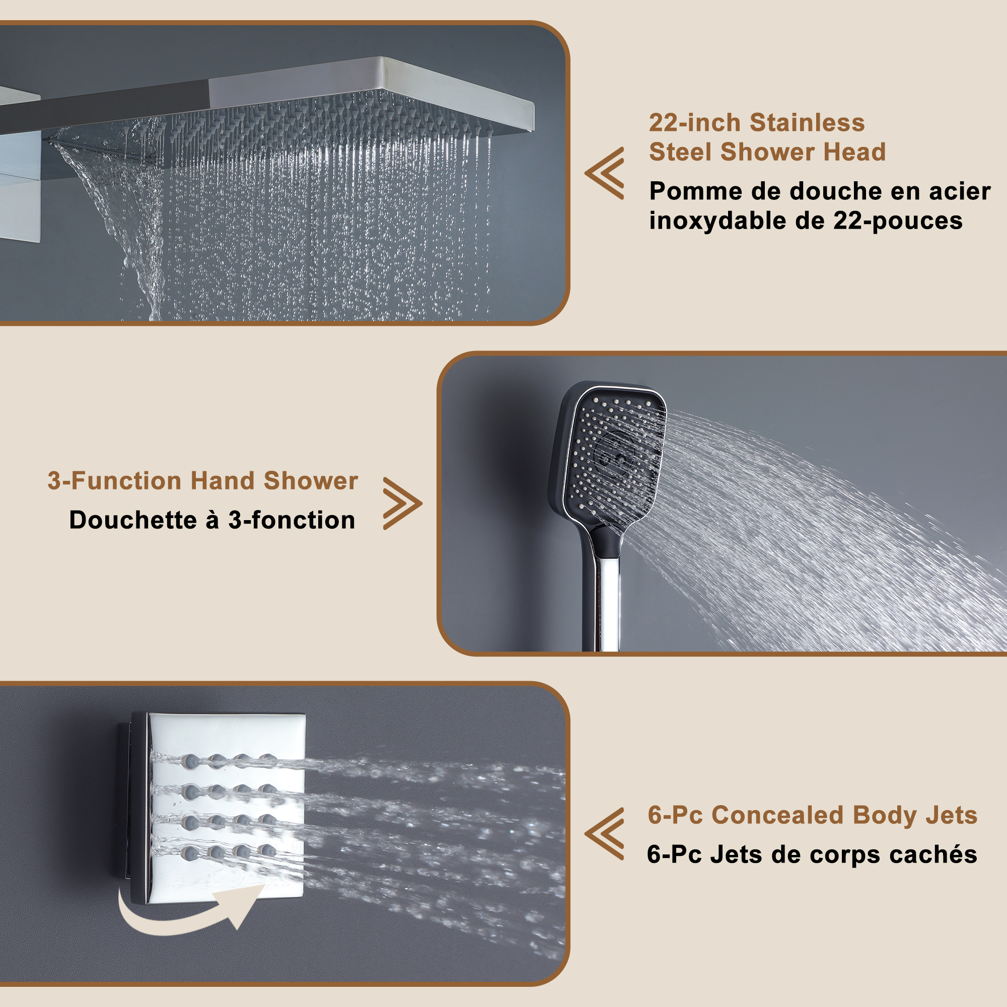 Wall Mounted 20 Inch Rectangular Dual-function Rainfall Shower Head 4 Function Thermostatic Shower System,With  6 Body Jets