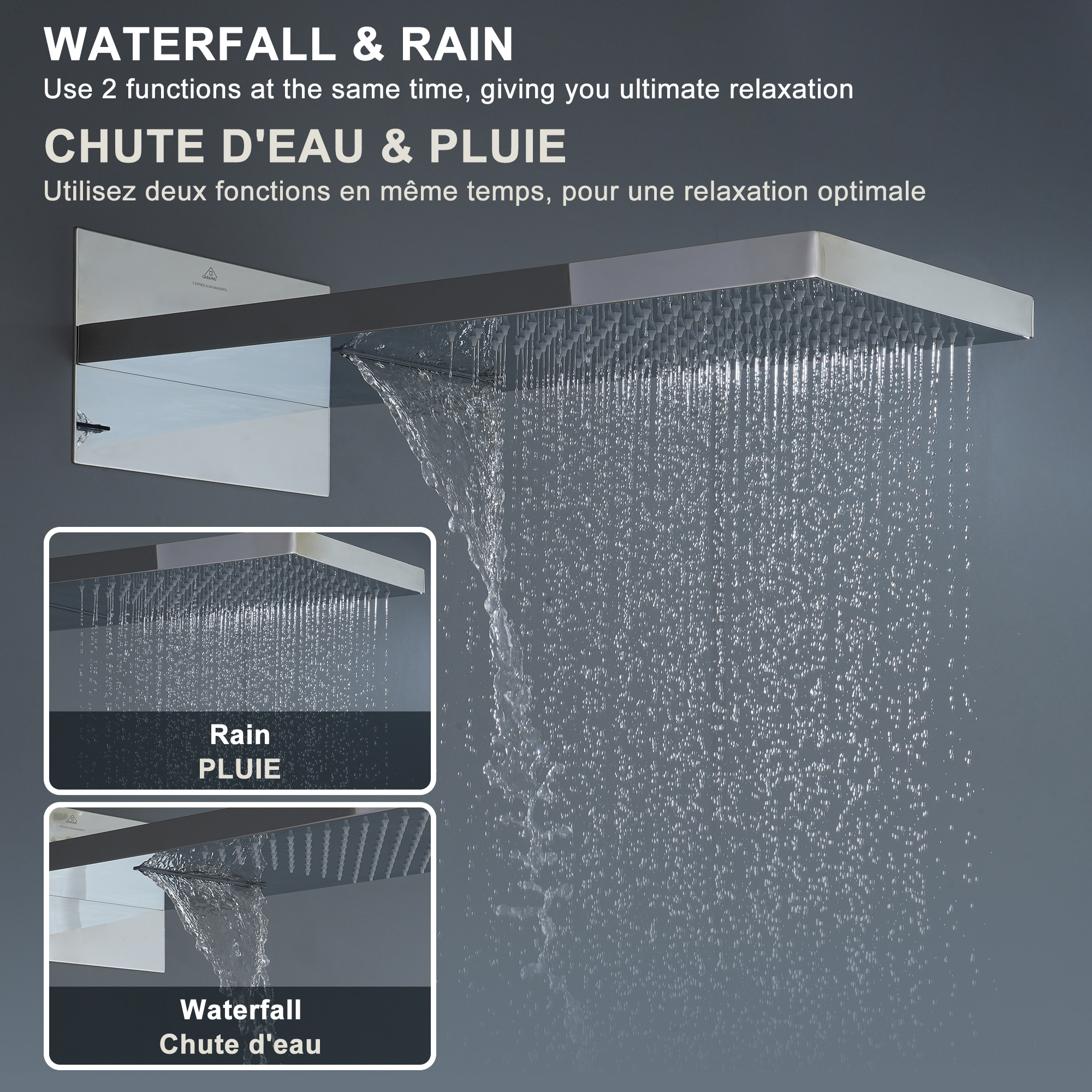 Wall Mounted 20 Inch Rectangular Dual-function Rainfall Shower Head 4 Function Thermostatic Shower System,With  6 Body Jets