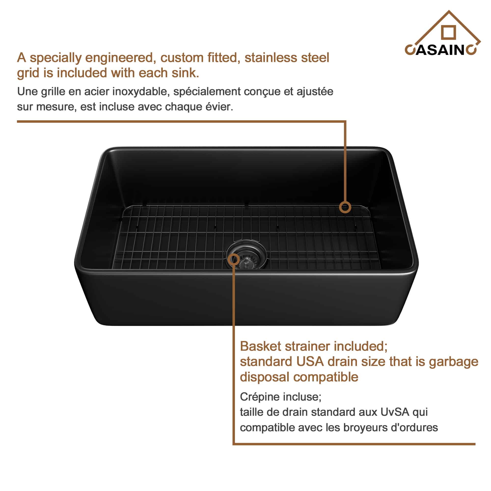 CASAINC Fireclay 33 Inch Single Bowl Farmhouse Apron Kitchen Sink with Grid and Strainers in Matte Black-Casainc Canada