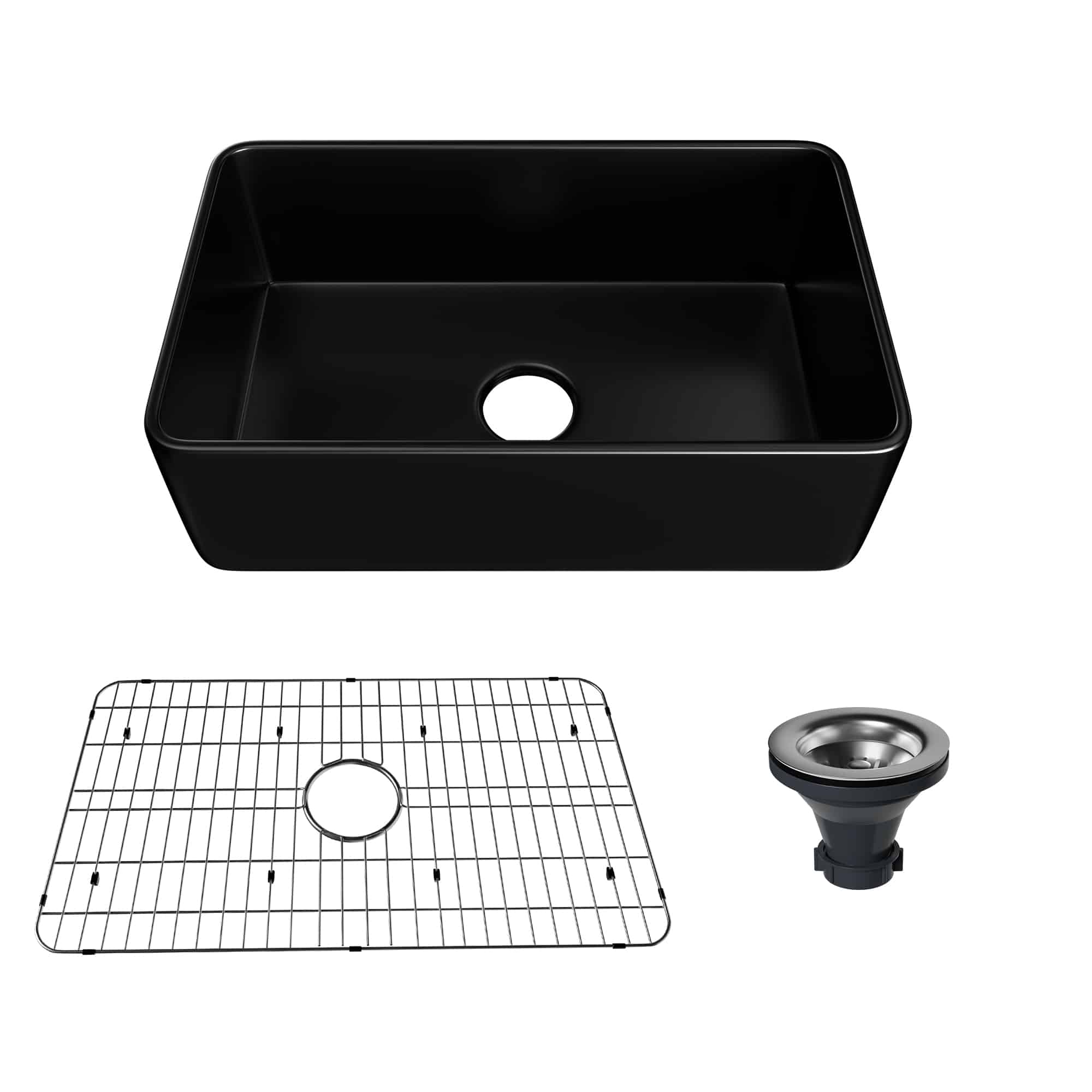 CASAINC Fireclay 30 Inch Single Bowl Farmhouse Apron Kitchen Sink with Grid and Strainers in Matte Black