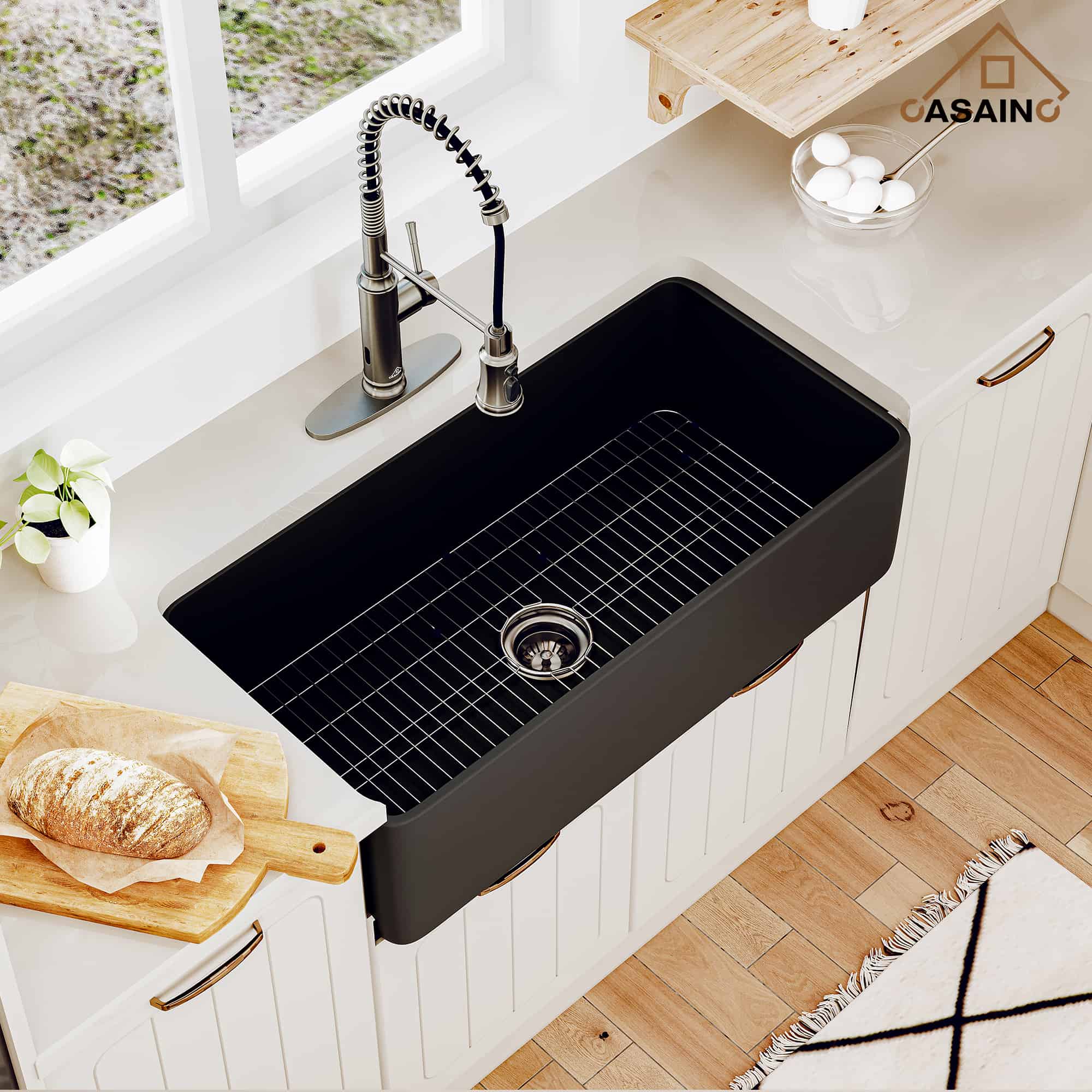 CASAINC Fireclay 36 Inch Single Bowl Farmhouse Apron Kitchen Sink with Grid and Strainers in Matte Black-Casainc Canada