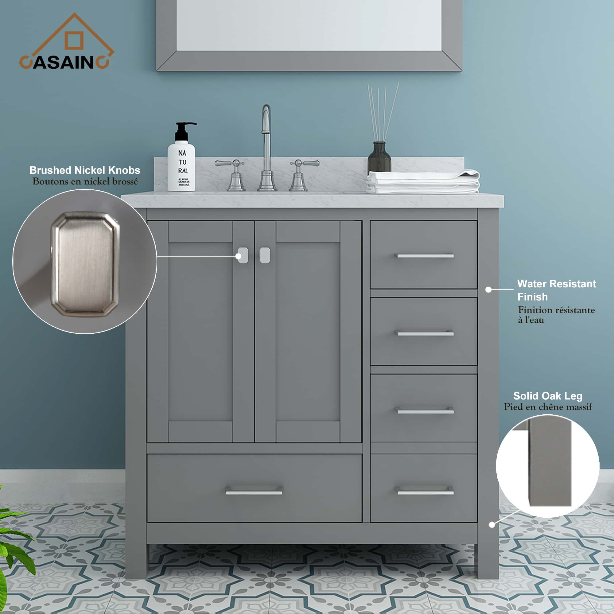 36 in. W x 22 in. D x 35.4 in. H Single Sink Bath Vanity in Gray with Top and LED Mirror-Casainc Canada