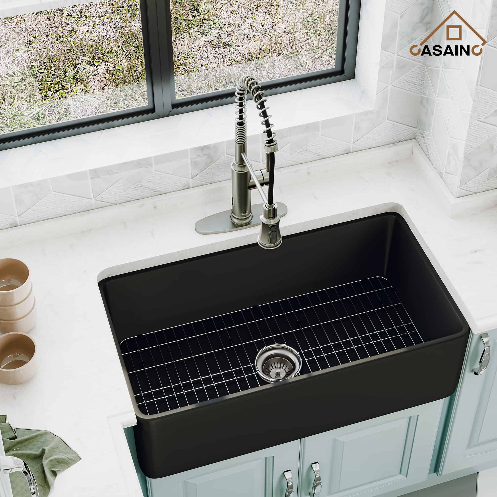 CASAINC Fireclay 30 Inch Single Bowl Farmhouse Apron Kitchen Sink with Grid and Strainers in Matte Black-Casainc Canada