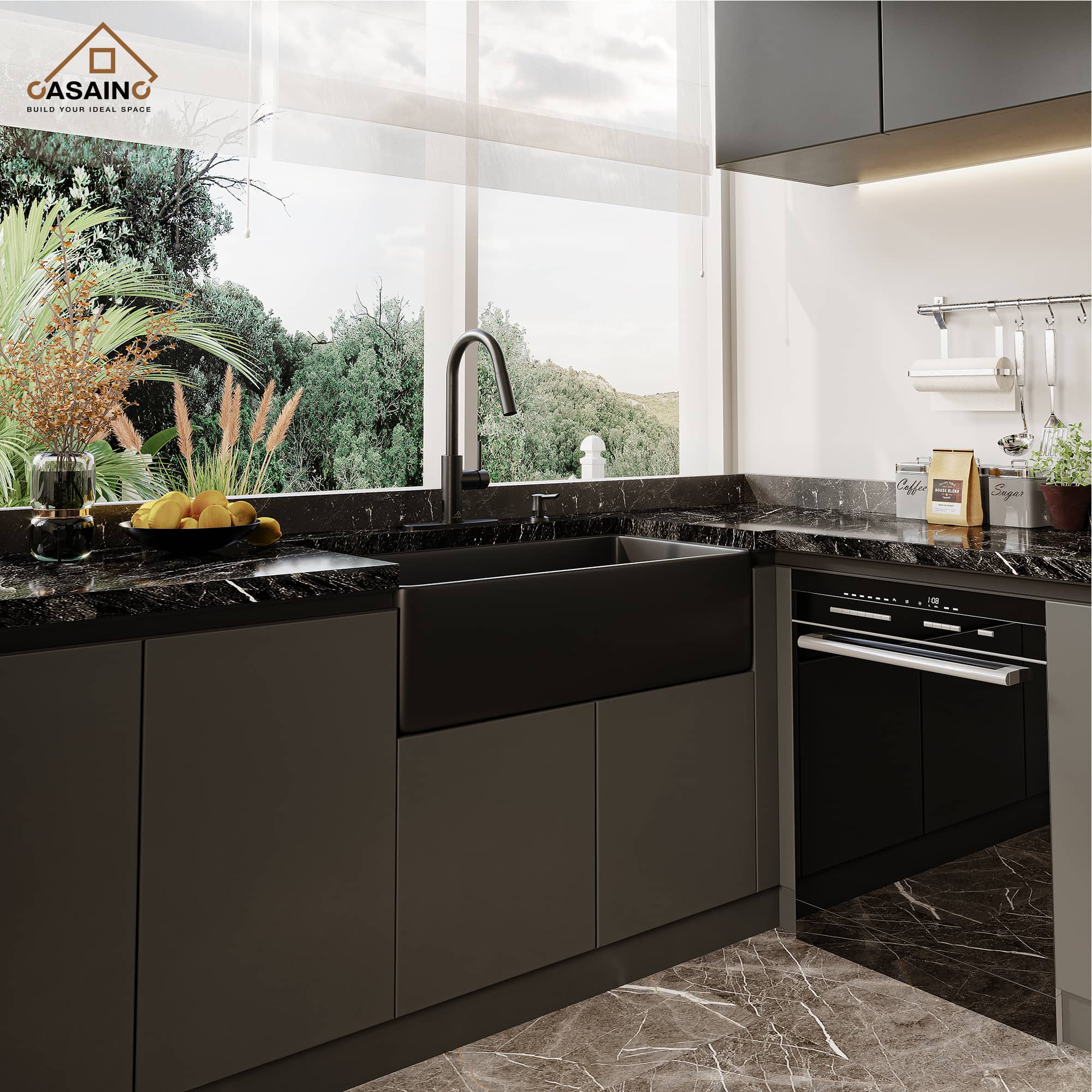 CASAINC Fireclay 36 Inch Single Bowl Farmhouse Apron Kitchen Sink with Grid and Strainers in Matte Black-Casainc Canada