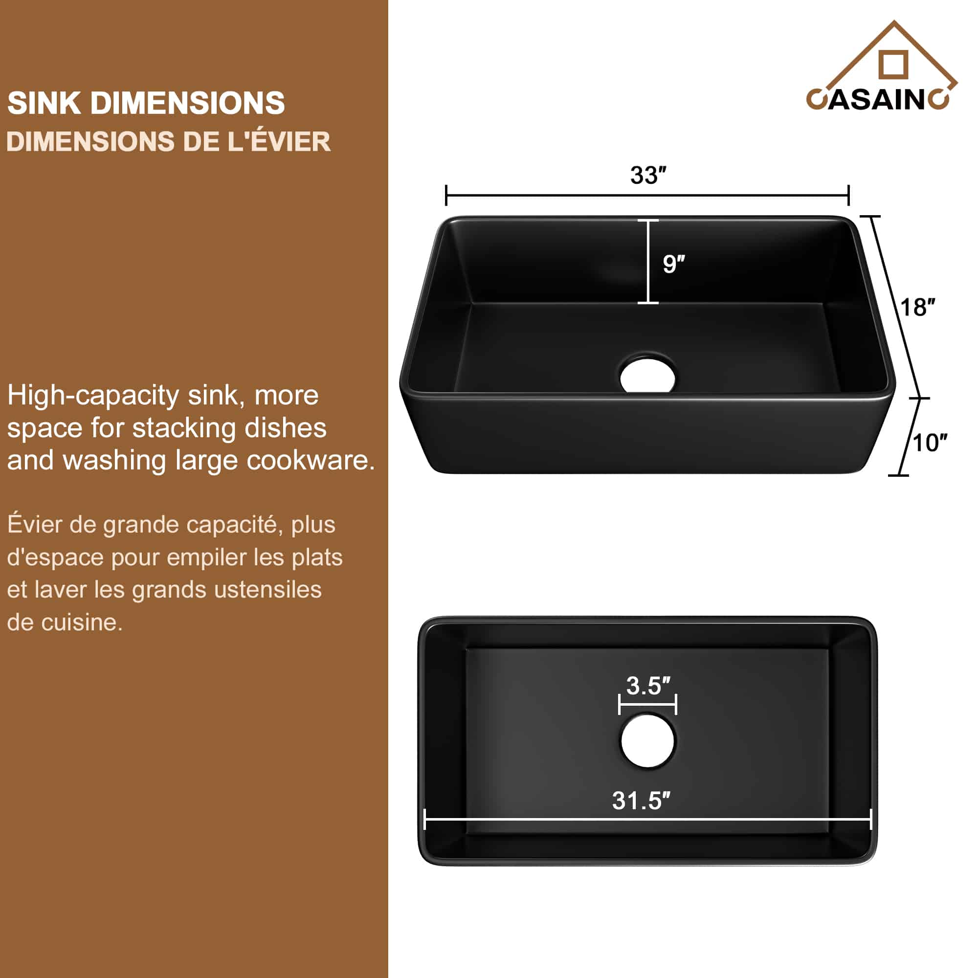 CASAINC Fireclay 33 Inch Single Bowl Farmhouse Apron Kitchen Sink with Grid and Strainers in Matte Black-Casainc Canada