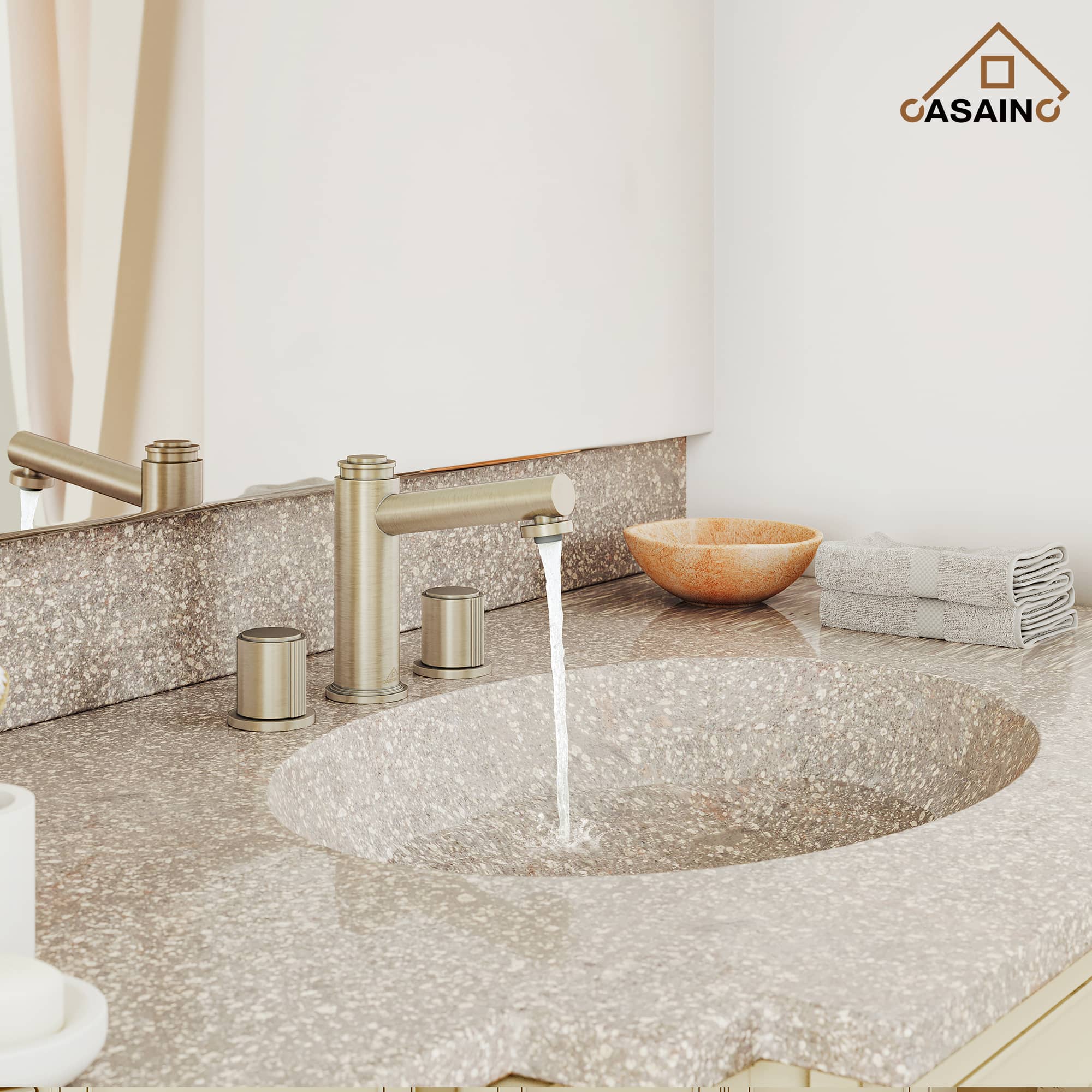 CASAINC 1.2GPM Brushed Champagne Gold double handle Basin Faucet with Bounce Drainer-Casainc Canada