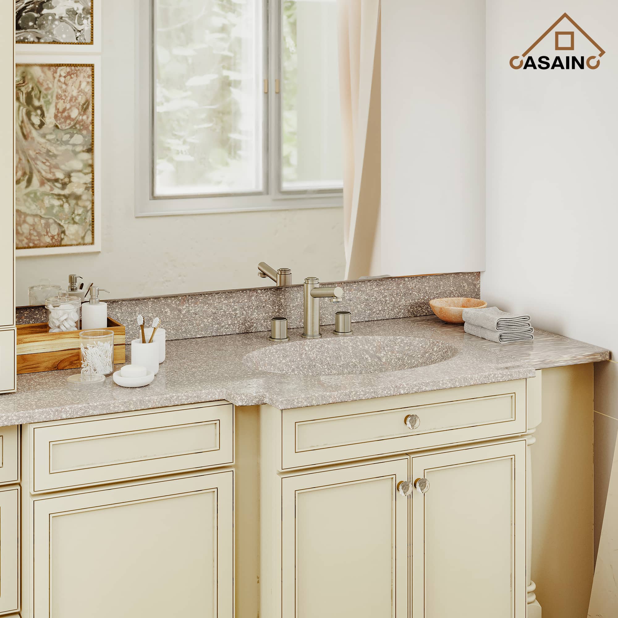 CASAINC 1.2GPM Brushed Champagne Gold double handle Basin Faucet with Bounce Drainer-Casainc Canada