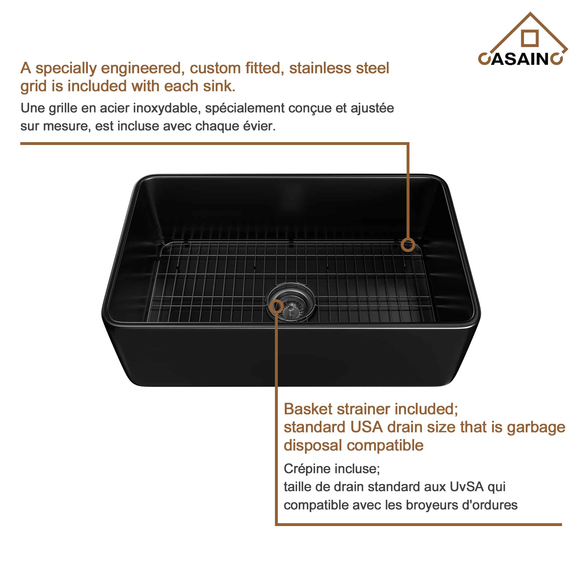 CASAINC Fireclay 30 Inch Single Bowl Farmhouse Apron Kitchen Sink with Grid and Strainers in Matte Black-Casainc Canada