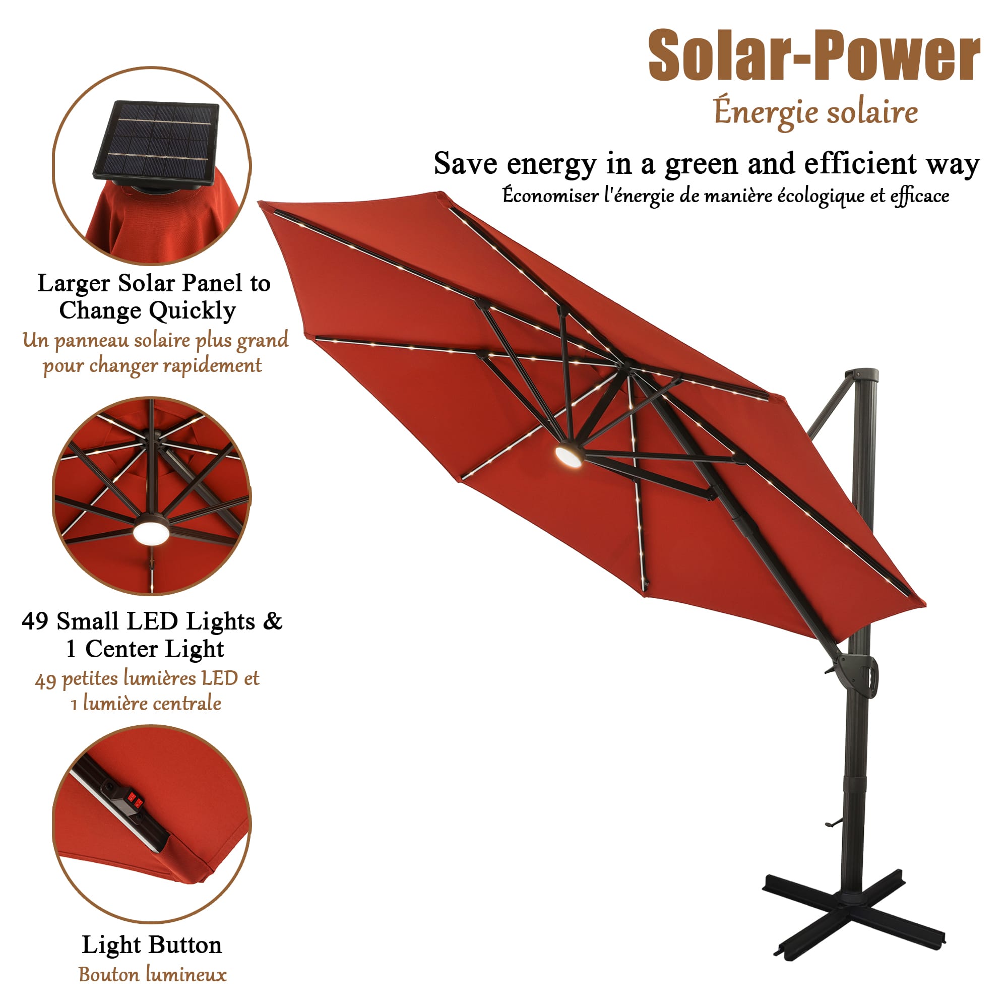 CASAINC 11Ft Solar Tube Light-Emitting Diode Patio Round Umbrella 