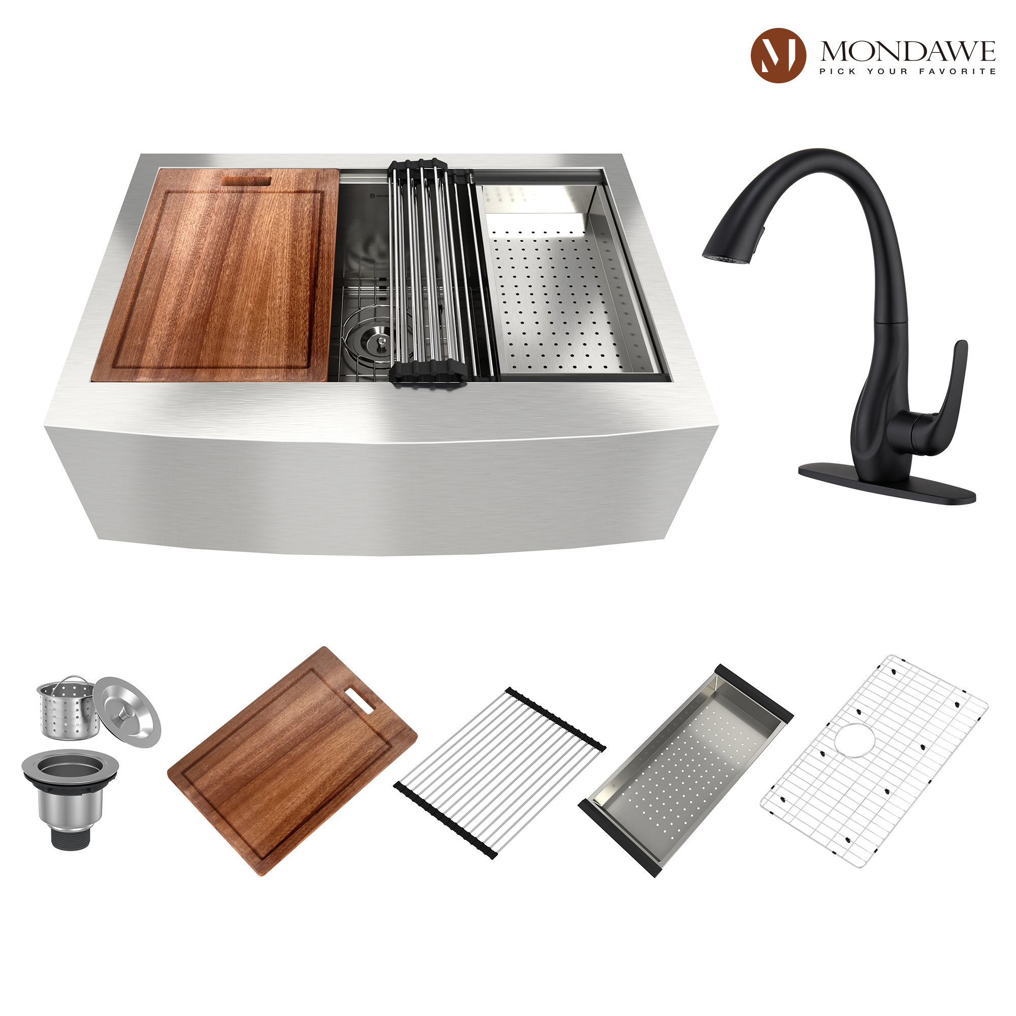 Farmhouse Apron Front 30-in x 22-in Brushed Stainless Steel Single Bowl Workstation Kitchen Sink with Pull Down Kitchen Faucet-Mondawe