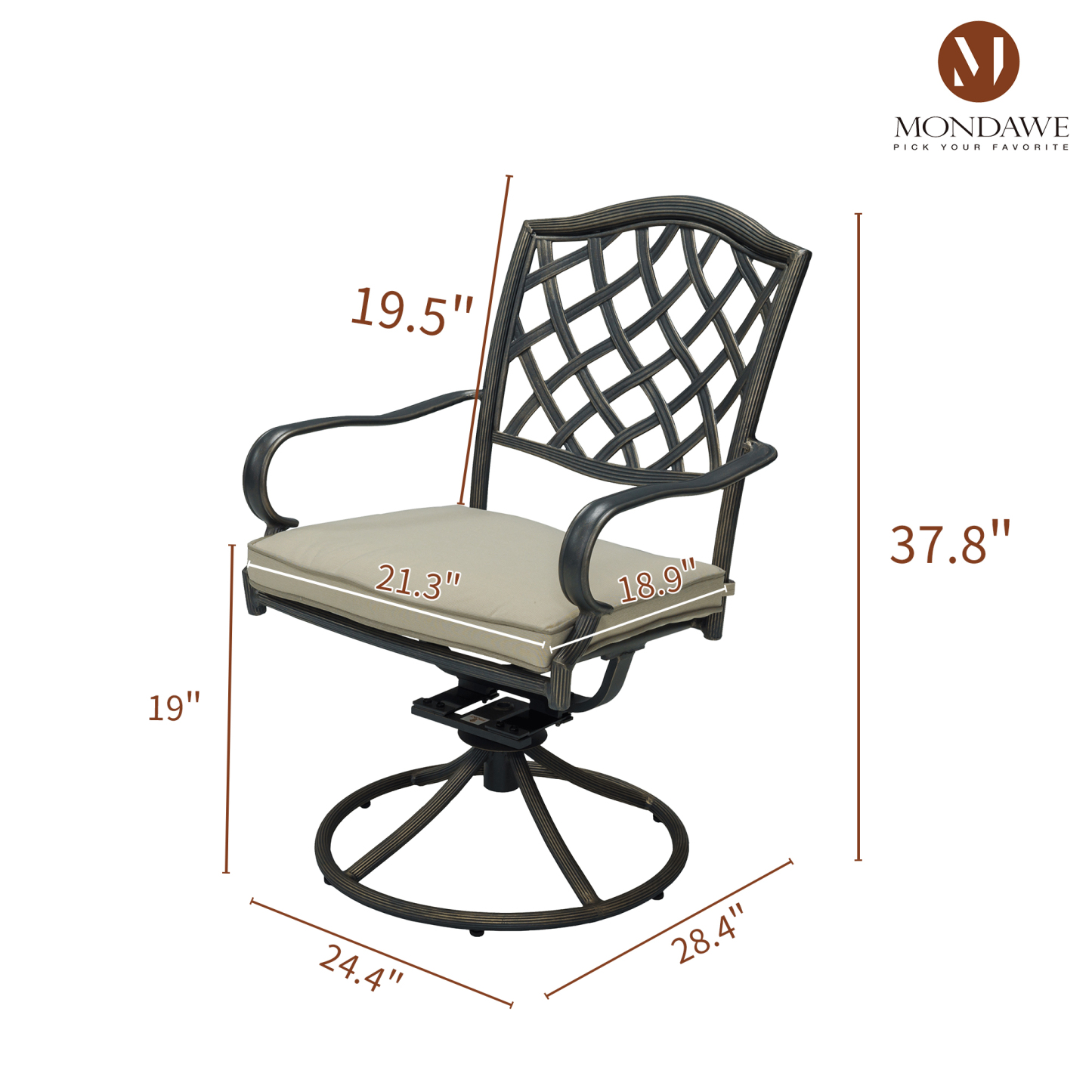 Mondawe 2 Pieces Swivel Aluminum Patio Dining Chairs with Cushion for Garden Backyard Bistro Furniture