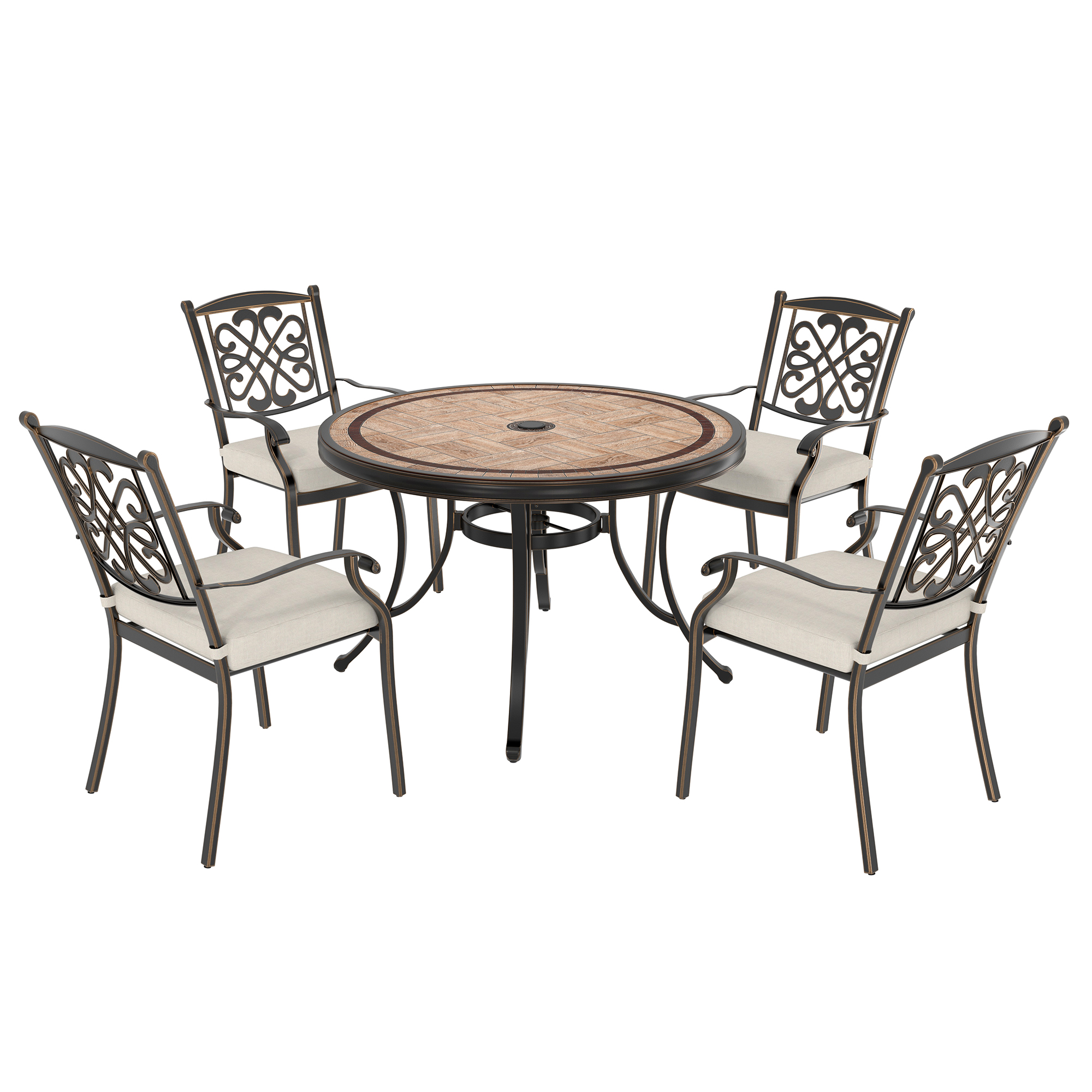 Mondawe 5Pcs Cast Aluminum Dining Set with Round Tile-Top Table and Flower-Shaped Backrest Dining Chairs In Red/Beige-Mondawe