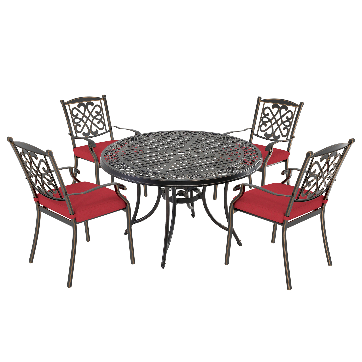 Mondawe 5Pcs Cast Aluminum Dining Set with Round Classic Pattern Table and  Flower-Shaped Backrest Dining Chairs In Red/Beige-Mondawe