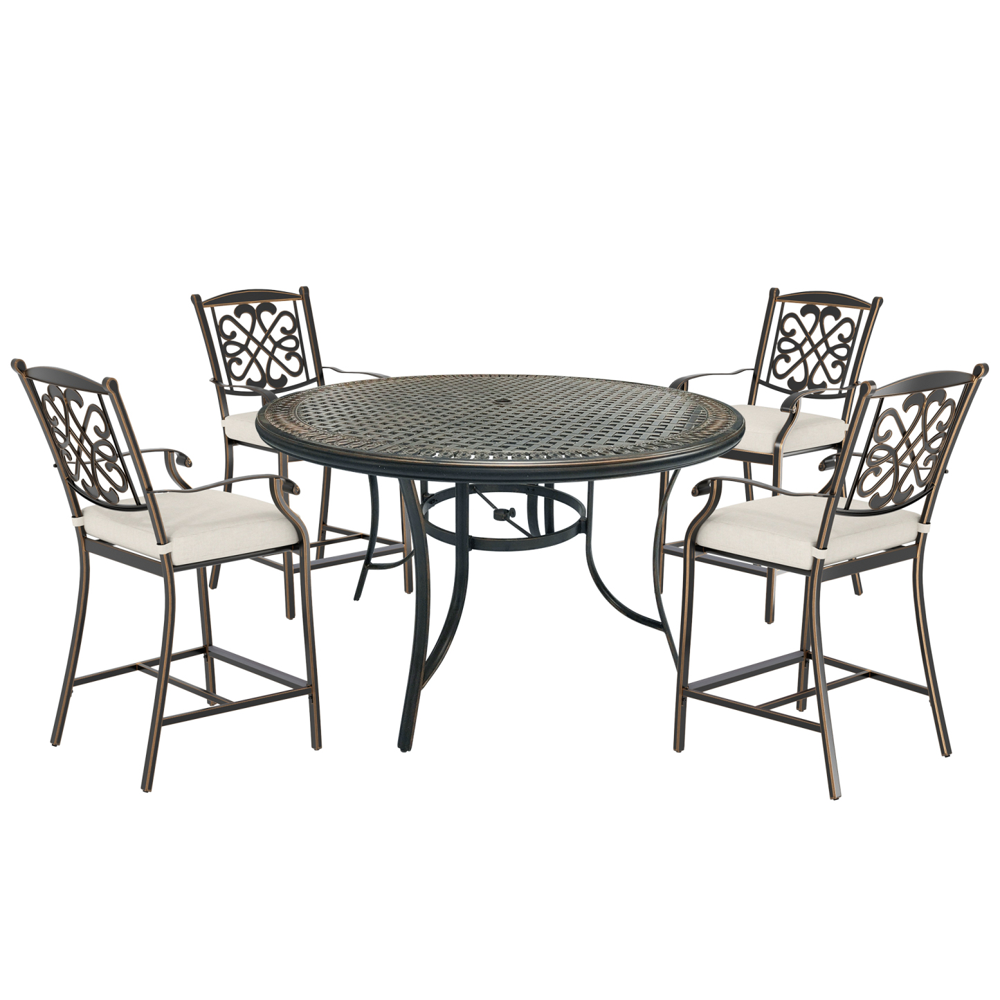Mondawe 5Pcs Cast Aluminum Dining Bar Set with Round Table and Diamond-Mesh Curved Backrest Dining Chairs in Red/Beige-Mondawe